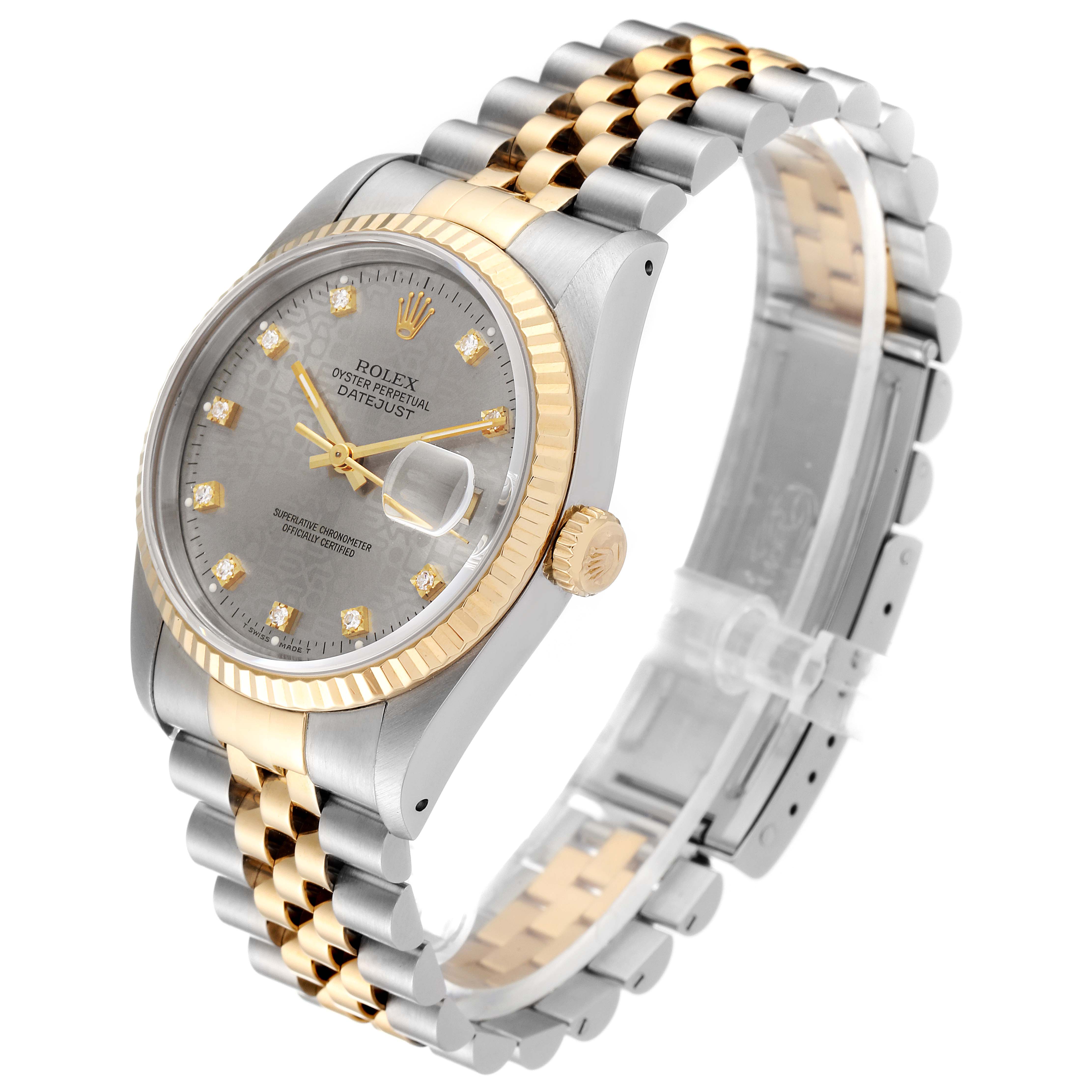The Rolex Datejust 16233 Men
s Steel and Gold (two tone) Grey Dial 16233 Men
s Steel and Gold (two tone) Grey Dial watch is shown at a three-quarter angle, highlighting the face, bezel, crown, and two-tone bracelet.