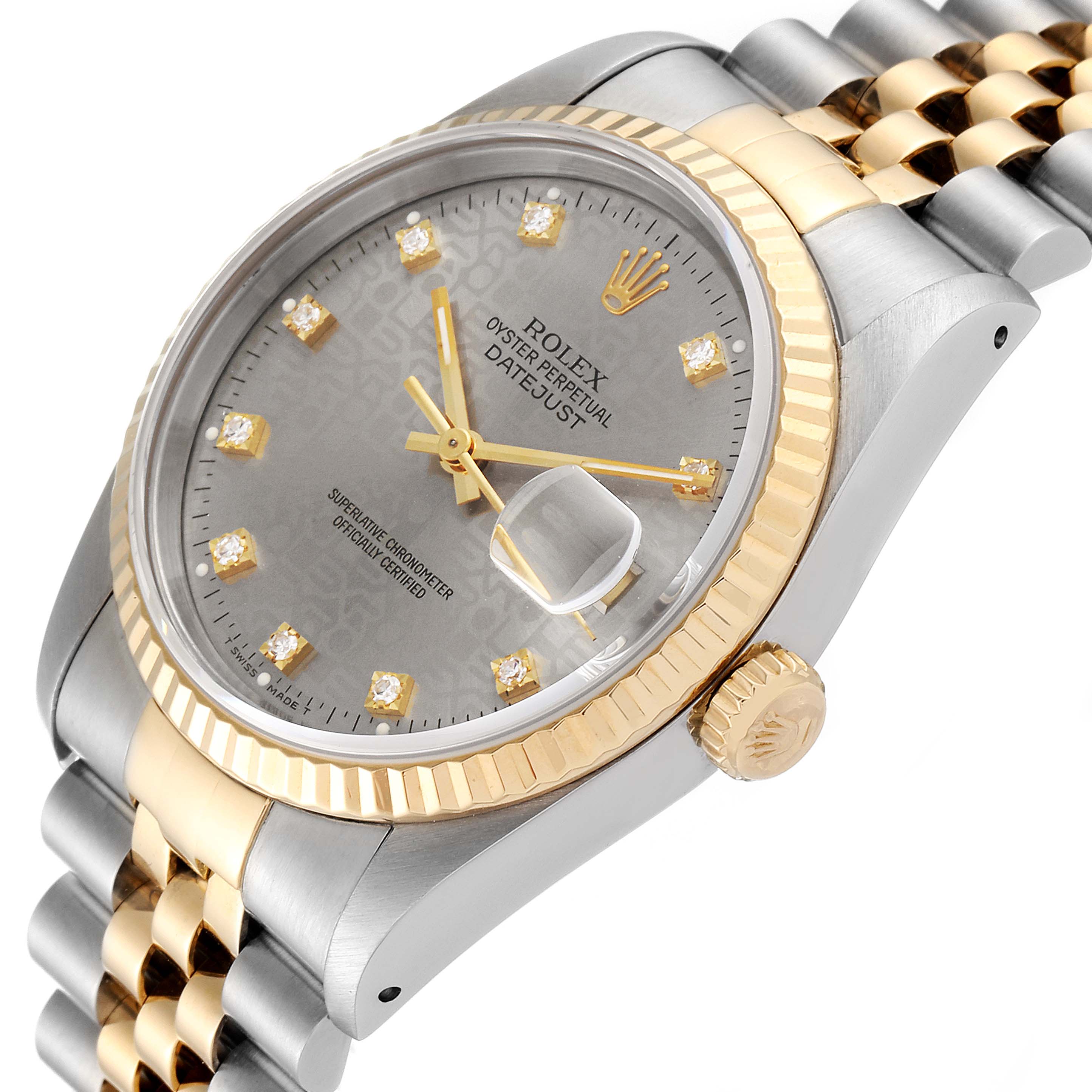 The Rolex Datejust 16233 Men
s Steel and Gold (two tone) Grey Dial 16233 Men
s Steel and Gold (two tone) Grey Dial watch is shown at a slight angle highlighting the dial, bezel, crown, and part of the two-tone bracelet.
