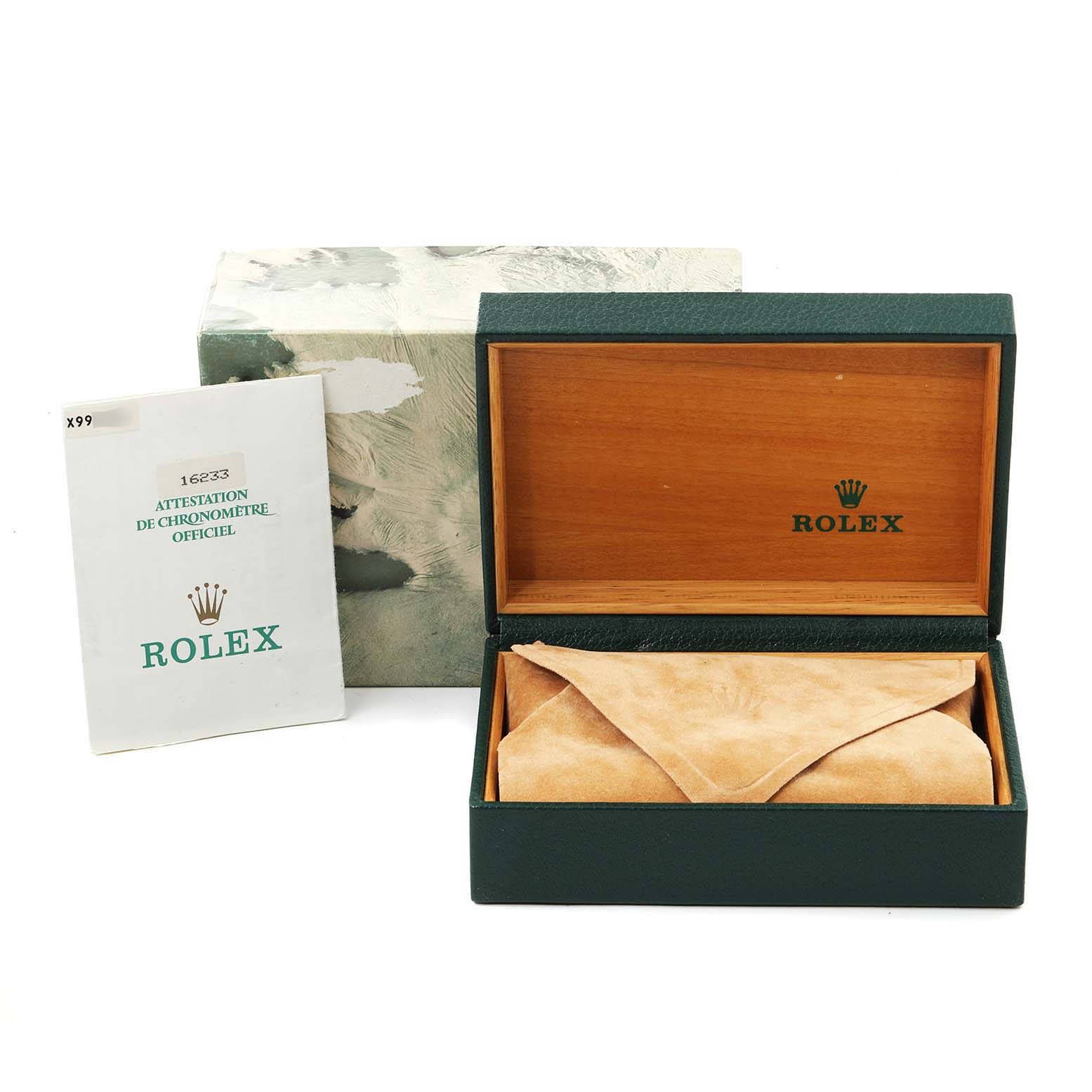 The image shows an open Rolex Datejust 16233 Men
s Steel and Gold (two tone) Grey Dial 16233 Men
s Steel and Gold (two tone) Grey Dial box and pouch, with an official chronometer certification booklet to the left.