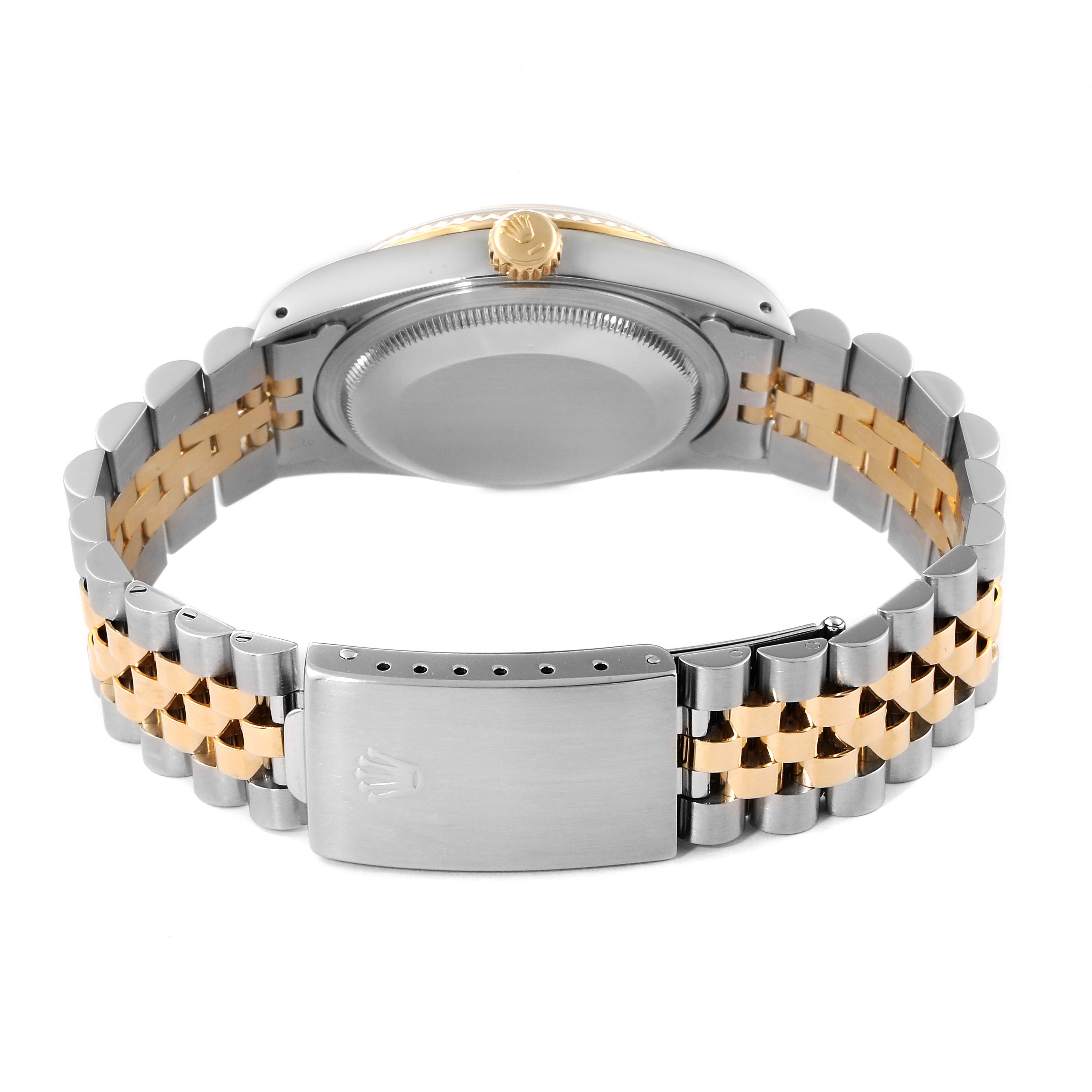 The image shows the back case and clasp of a Rolex Datejust 16233 Men
s Steel and Gold (two tone) Grey Dial 16233 Men
s Steel and Gold (two tone) Grey Dial watch, featuring a two-tone metal bracelet.