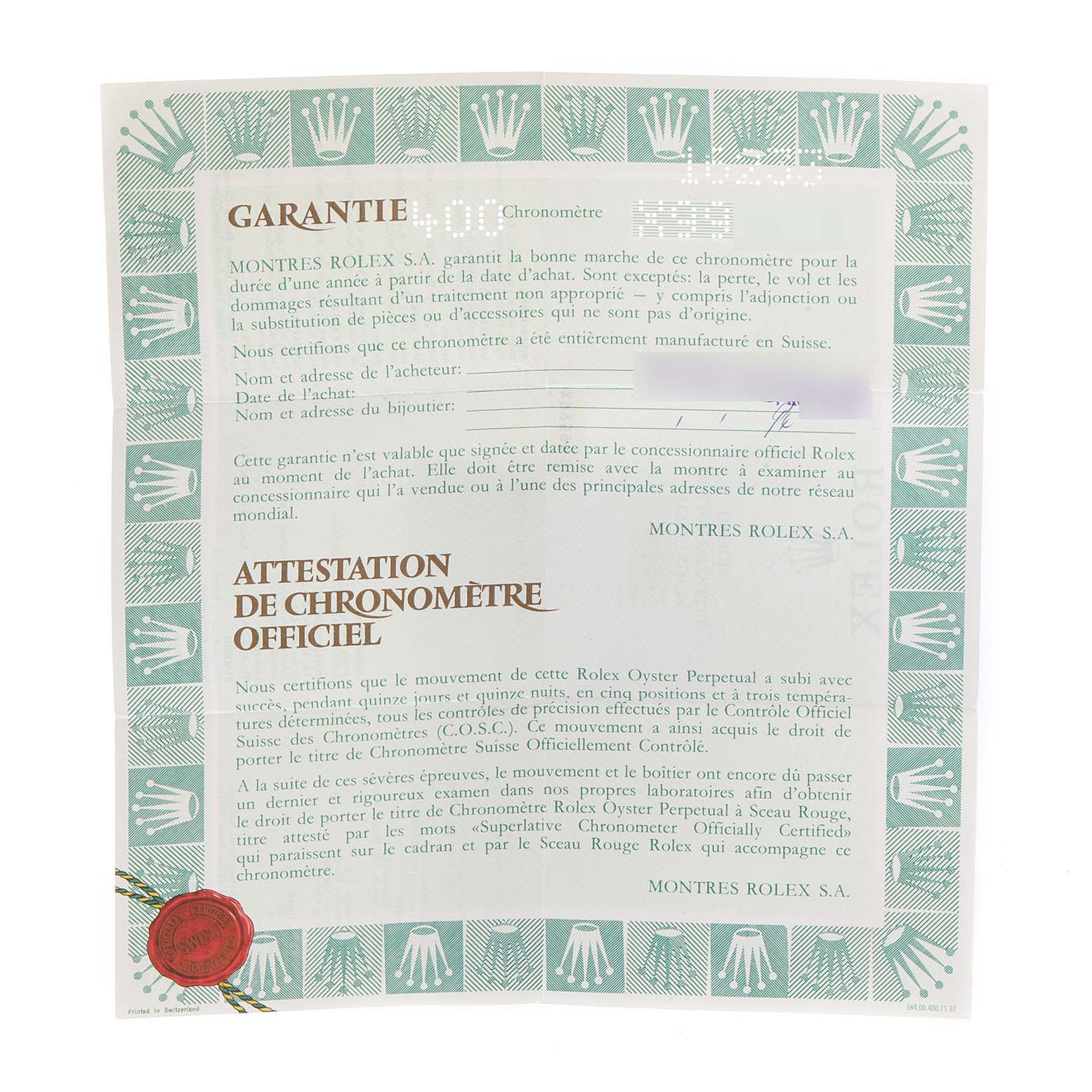 The image shows the warranty and certification documents for the Rolex Datejust 16233 Men
s Steel and Gold (two tone) Grey Dial 16233 Men
s Steel and Gold (two tone) Grey Dial watch.