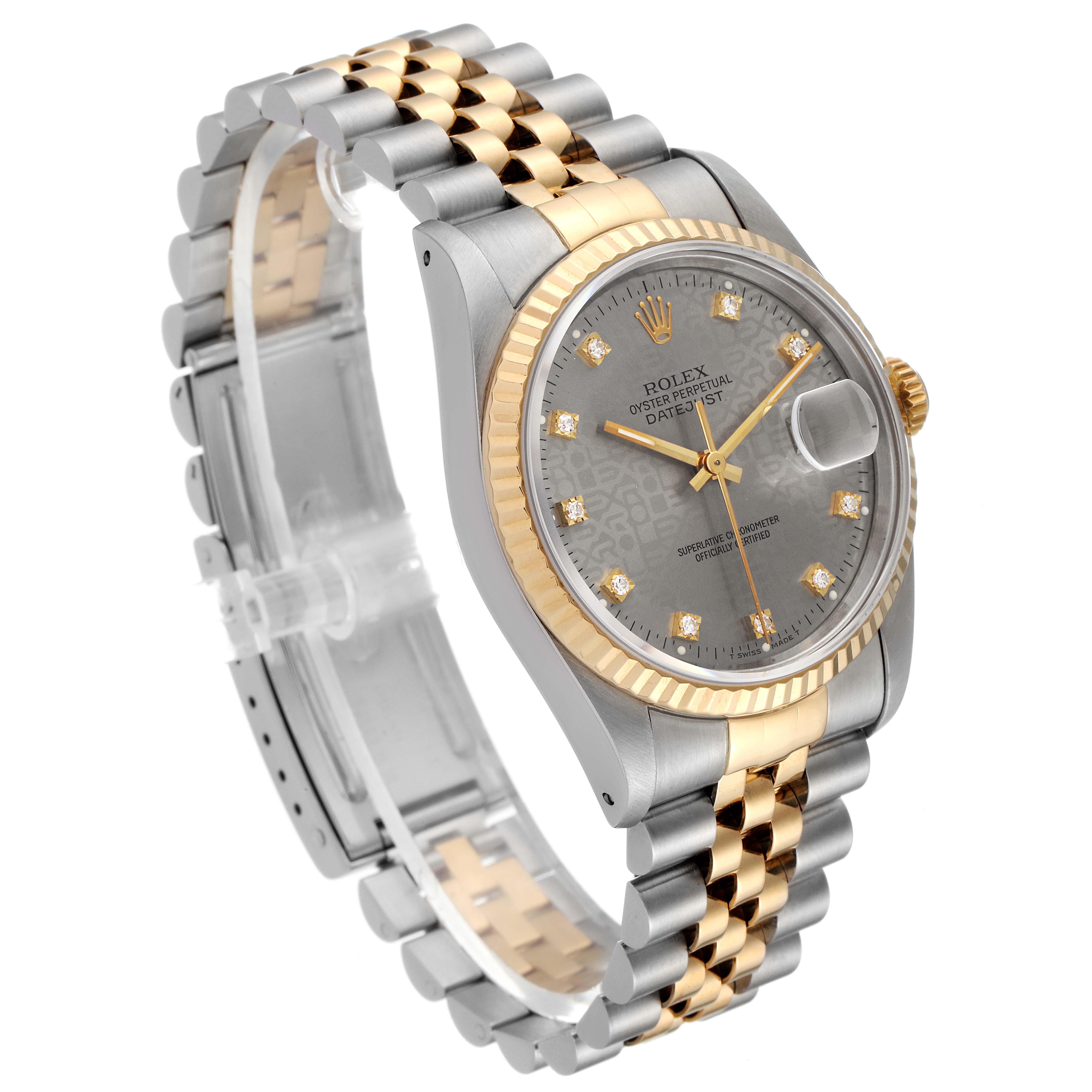 This image shows a Rolex Datejust 16233 Men
s Steel and Gold (two tone) Grey Dial 16233 Men
s Steel and Gold (two tone) Grey Dial watch in a three-quarter view, highlighting the bracelet, case, bezel, and dial.