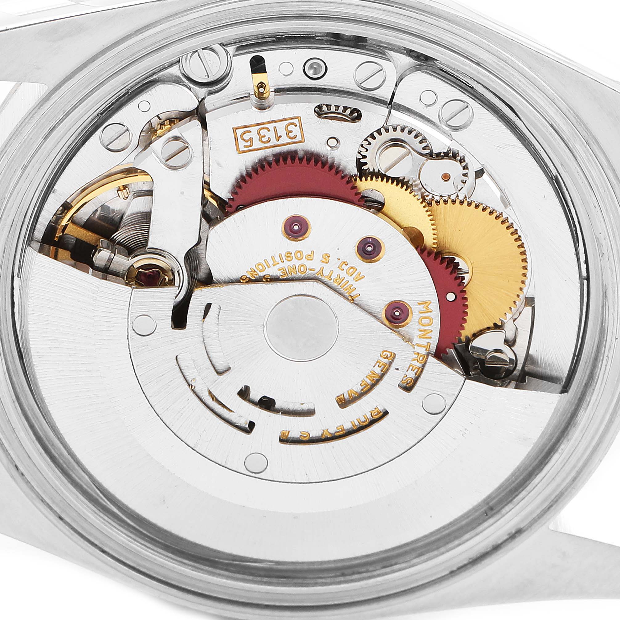 The image shows the inner movement mechanism of a Rolex Datejust 16233 Men
s Steel and Gold (two tone) Grey Dial 16233 Men
s Steel and Gold (two tone) Grey Dial model watch viewed from the back.