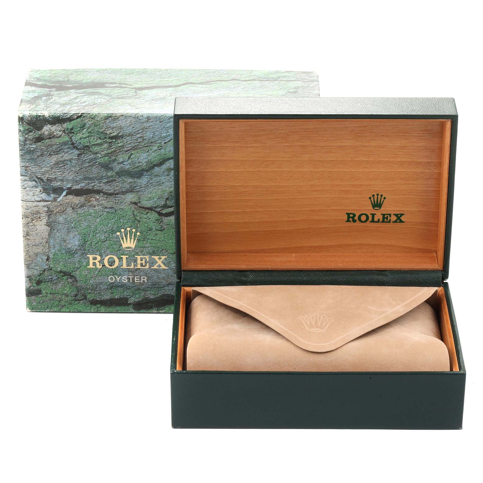 The image shows a Rolex Datejust 16233 Men's Stainless Steel White Dial 16233 Men's Stainless Steel White Dial watch box and a beige leather case inside the open box.