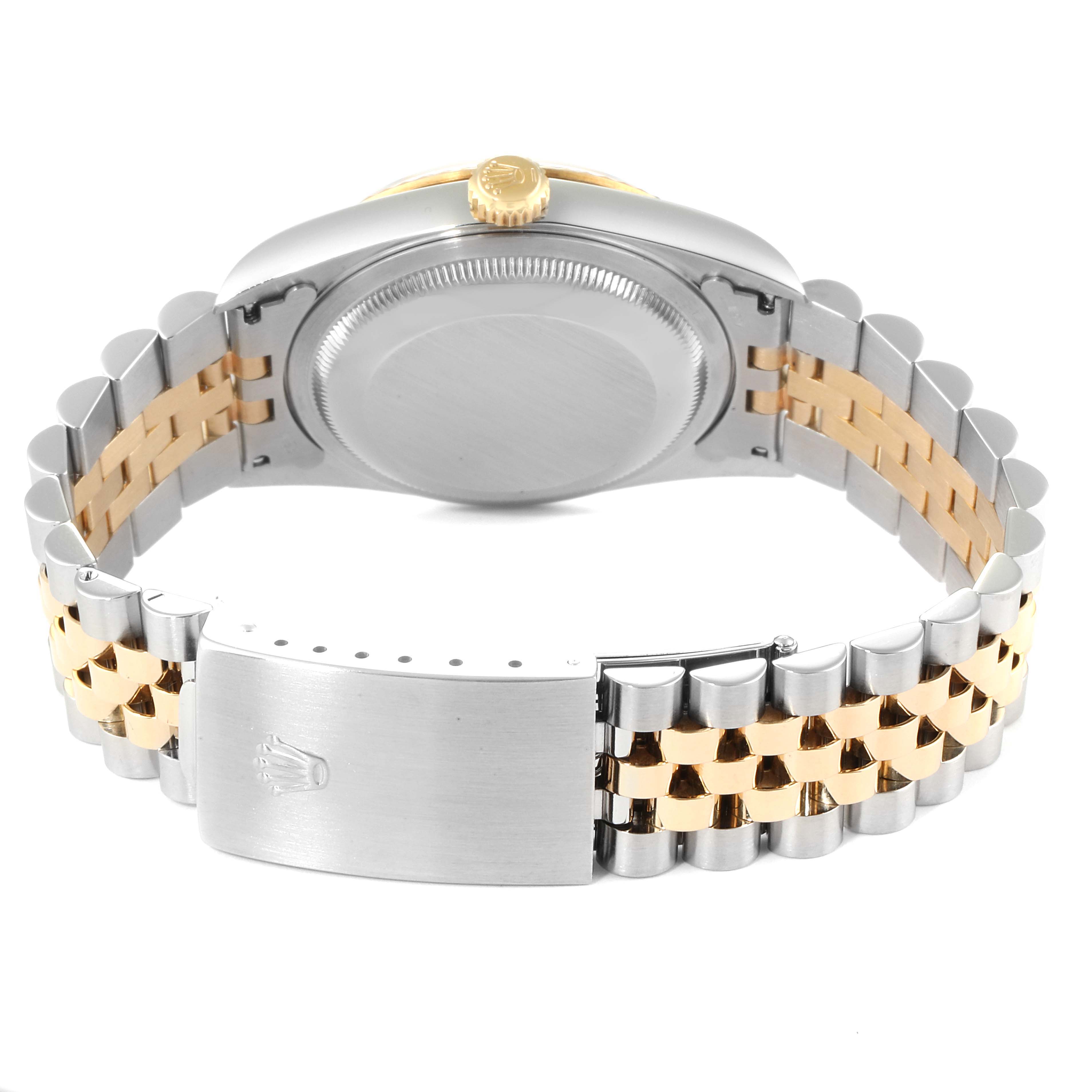 The image shows the back, crown, and bracelet of a Rolex Datejust 16233 Men's Stainless Steel White Dial 16233 Men's Stainless Steel White Dial watch from a rear angle.