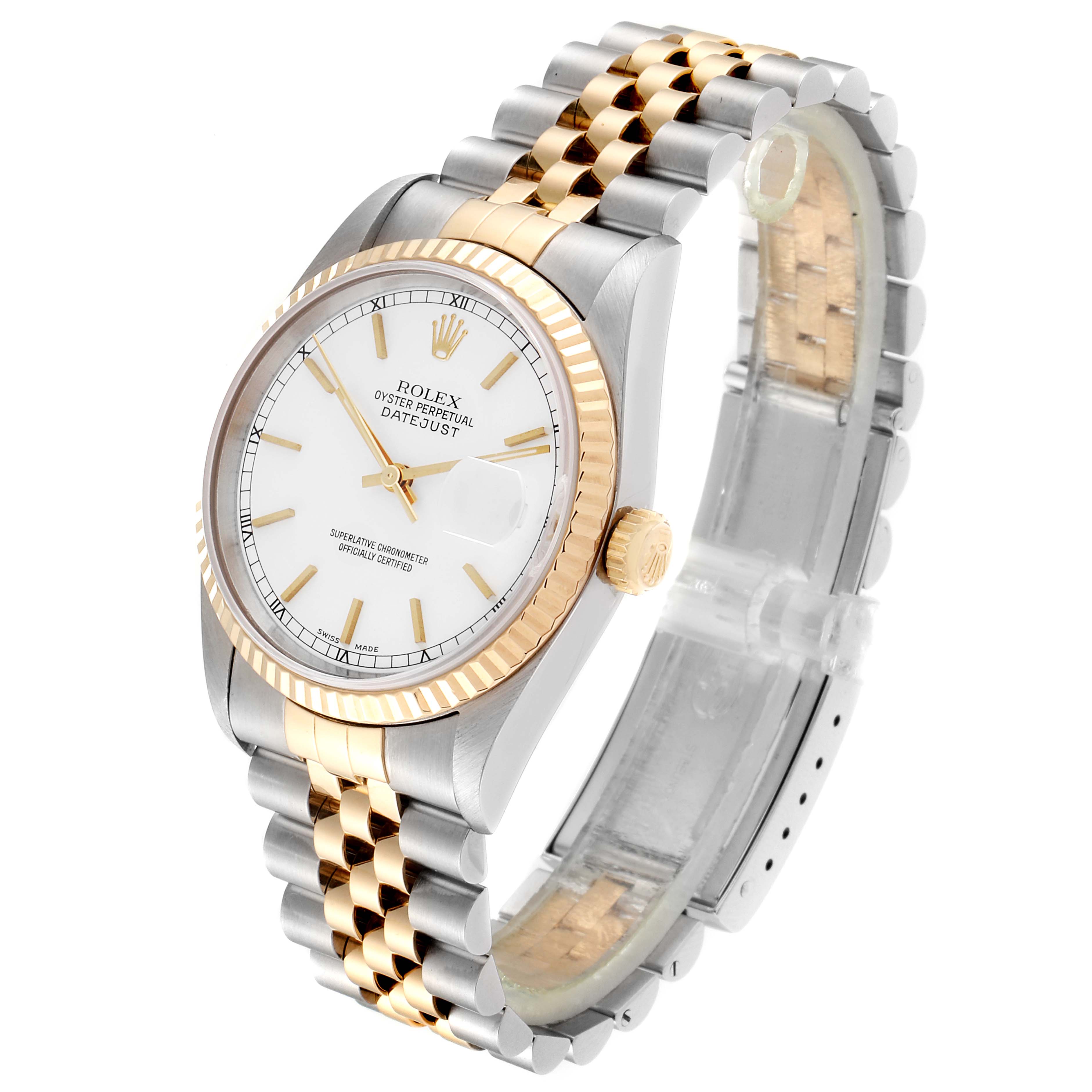 The Rolex Datejust 16233 Men's Stainless Steel White Dial 16233 Men's Stainless Steel White Dial watch is shown at a slight angle, displaying its white dial, gold bezel, and two-tone bracelet.