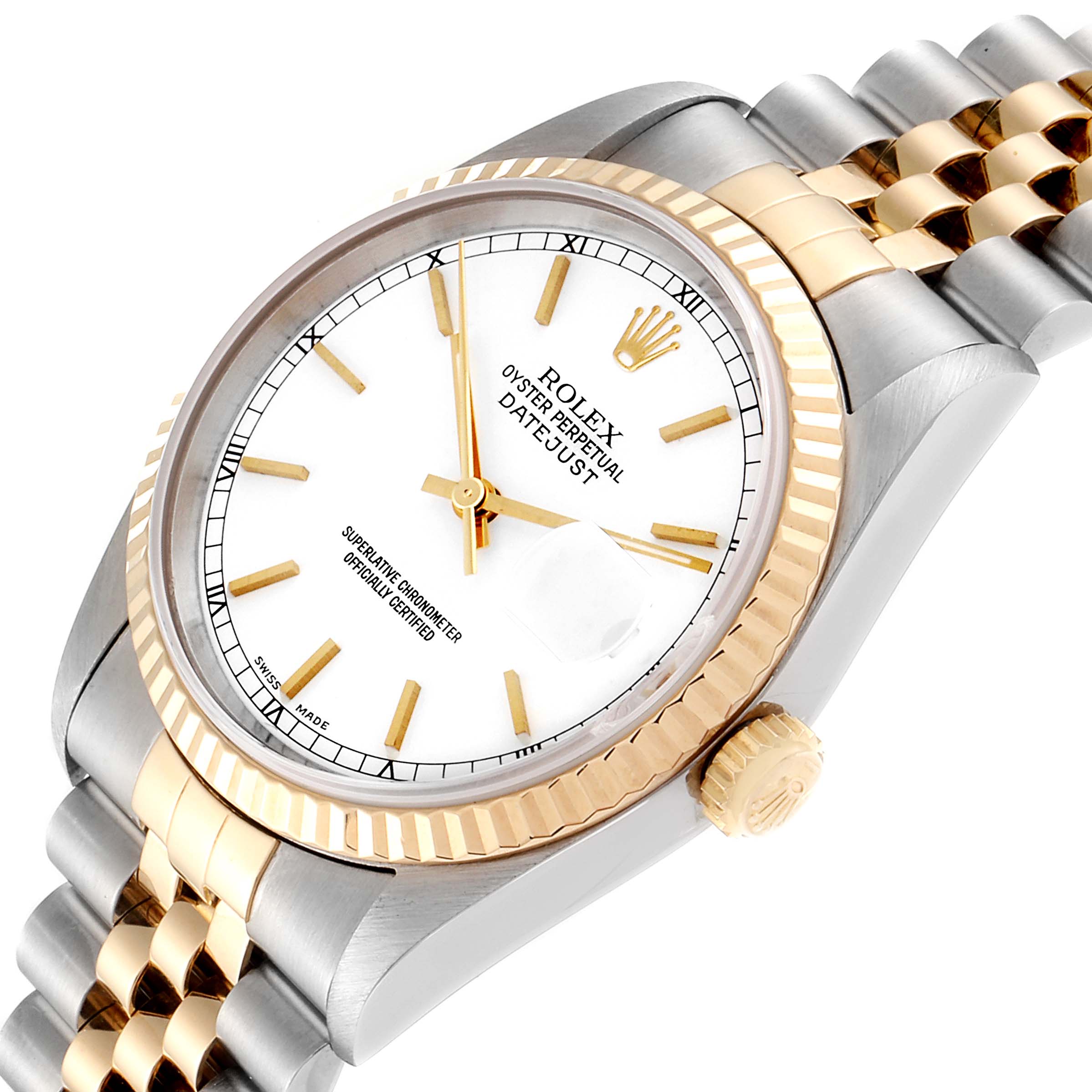 The Rolex Datejust 16233 Men's Stainless Steel White Dial 16233 Men's Stainless Steel White Dial watch is shown at an angled view, highlighting its dial, hands, crown, and bracelet.