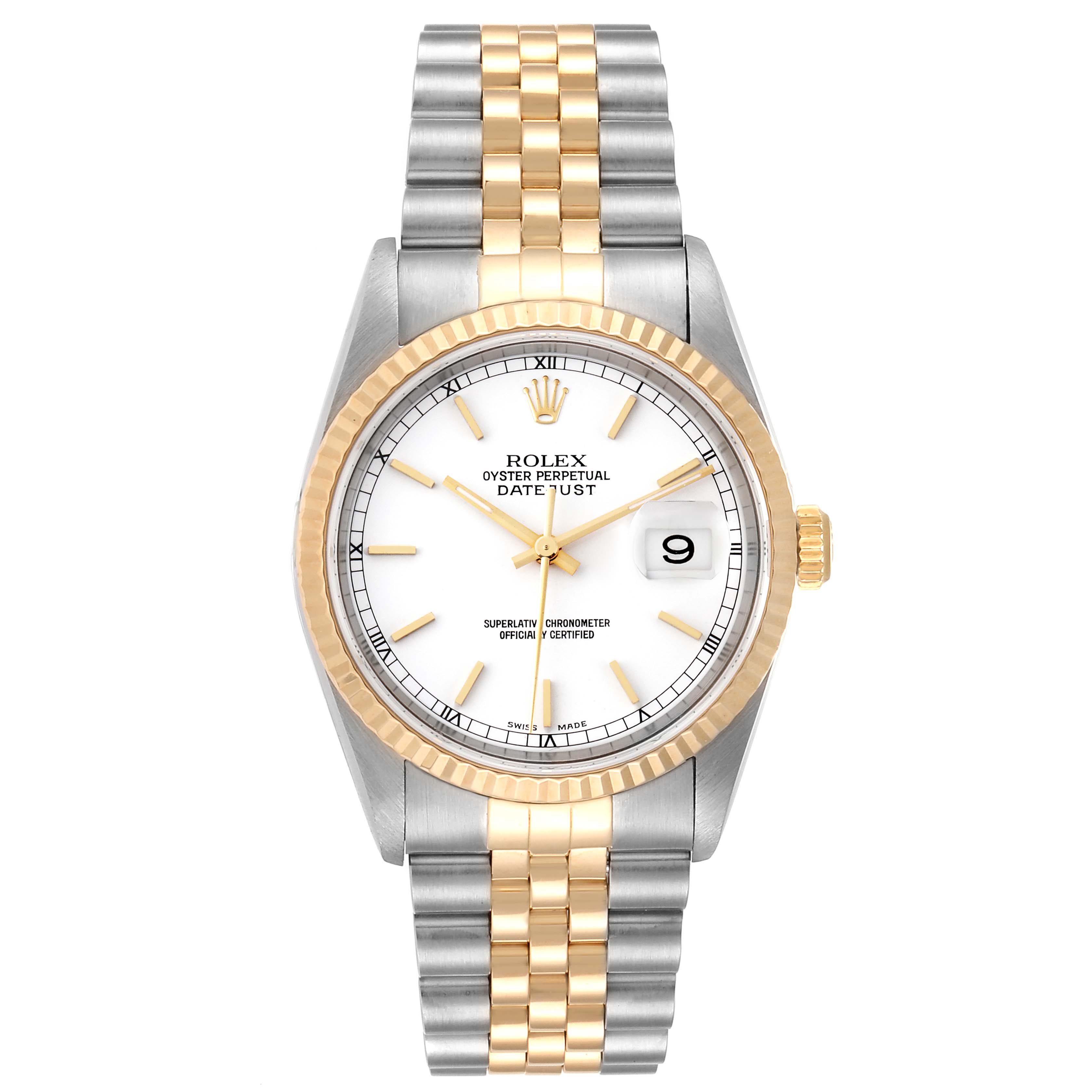 The Rolex Datejust 16233 Men's Stainless Steel White Dial 16233 Men's Stainless Steel White Dial watch is shown from the front, highlighting its gold bezel, two-tone bracelet, and white dial with a date window.