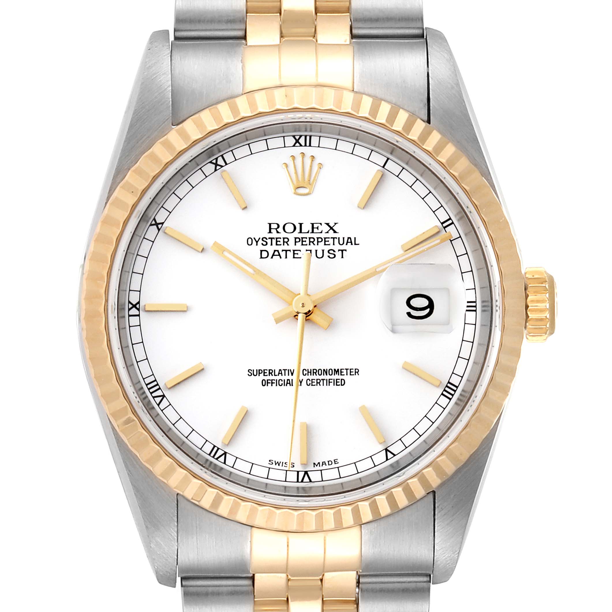 The image shows a front view of the Rolex Datejust 16233 Men's Stainless Steel White Dial 16233 Men's Stainless Steel White Dial watch, featuring its dial, bezel, crown, and two-tone metal bracelet.