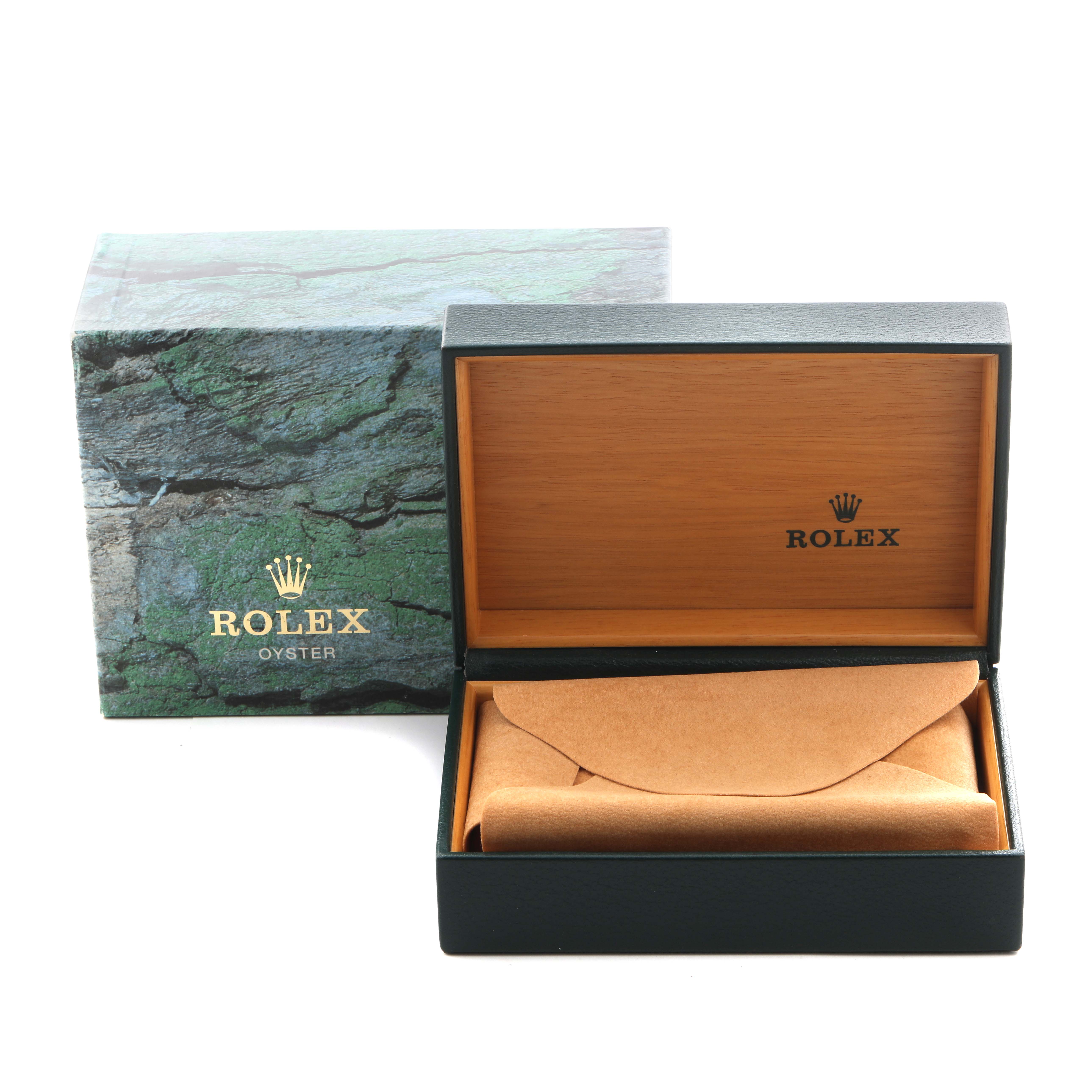 The image shows a Rolex Datejust 16203 Men's Steel and Gold (two tone) White Dial 16203 Men's Steel and Gold (two tone) White Dial box and cover from a front angle, with the inner compartment open, revealing a fabric pouch.