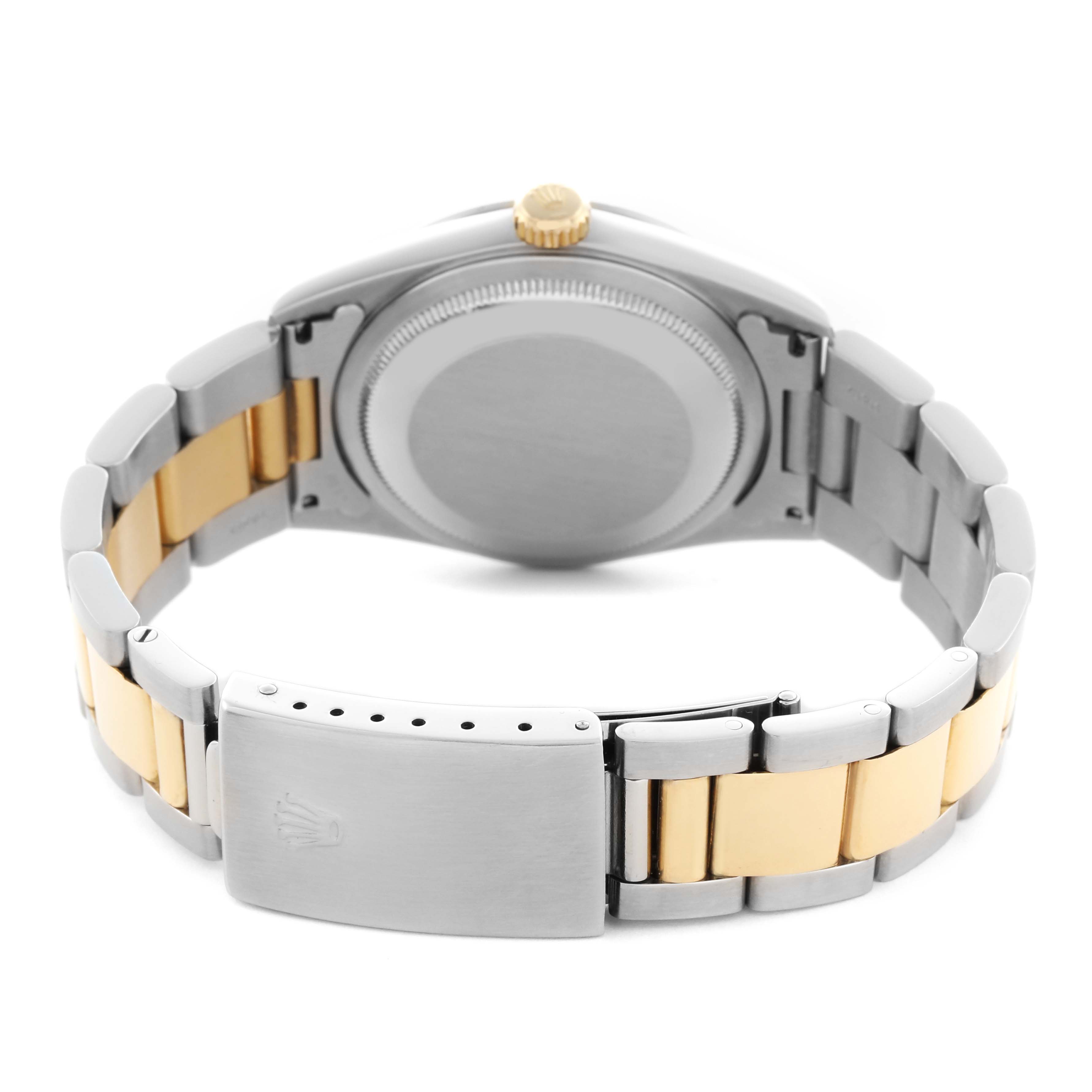 The Rolex Datejust 16203 Men's Steel and Gold (two tone) White Dial 16203 Men's Steel and Gold (two tone) White Dial watch is shown from the back, highlighting the case back, crown, and two-tone bracelet with clasp.