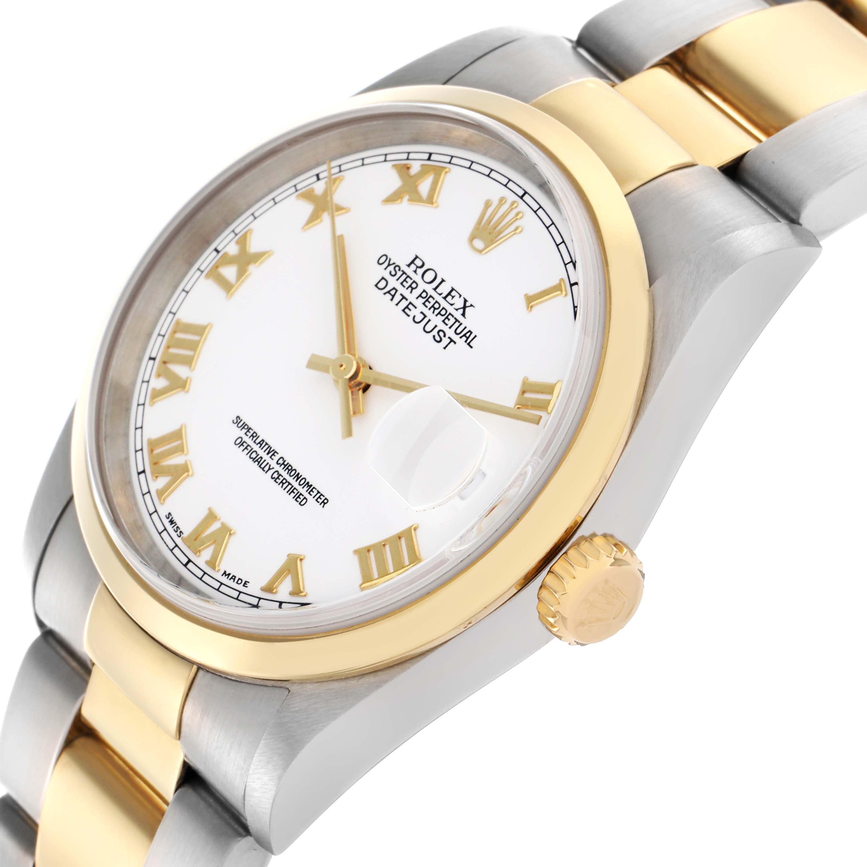 The image shows a side angle of the Rolex Datejust 16203 Men's Steel and Gold (two tone) White Dial 16203 Men's Steel and Gold (two tone) White Dial watch, highlighting the bezel, crown, bracelet, and cyclops lens.