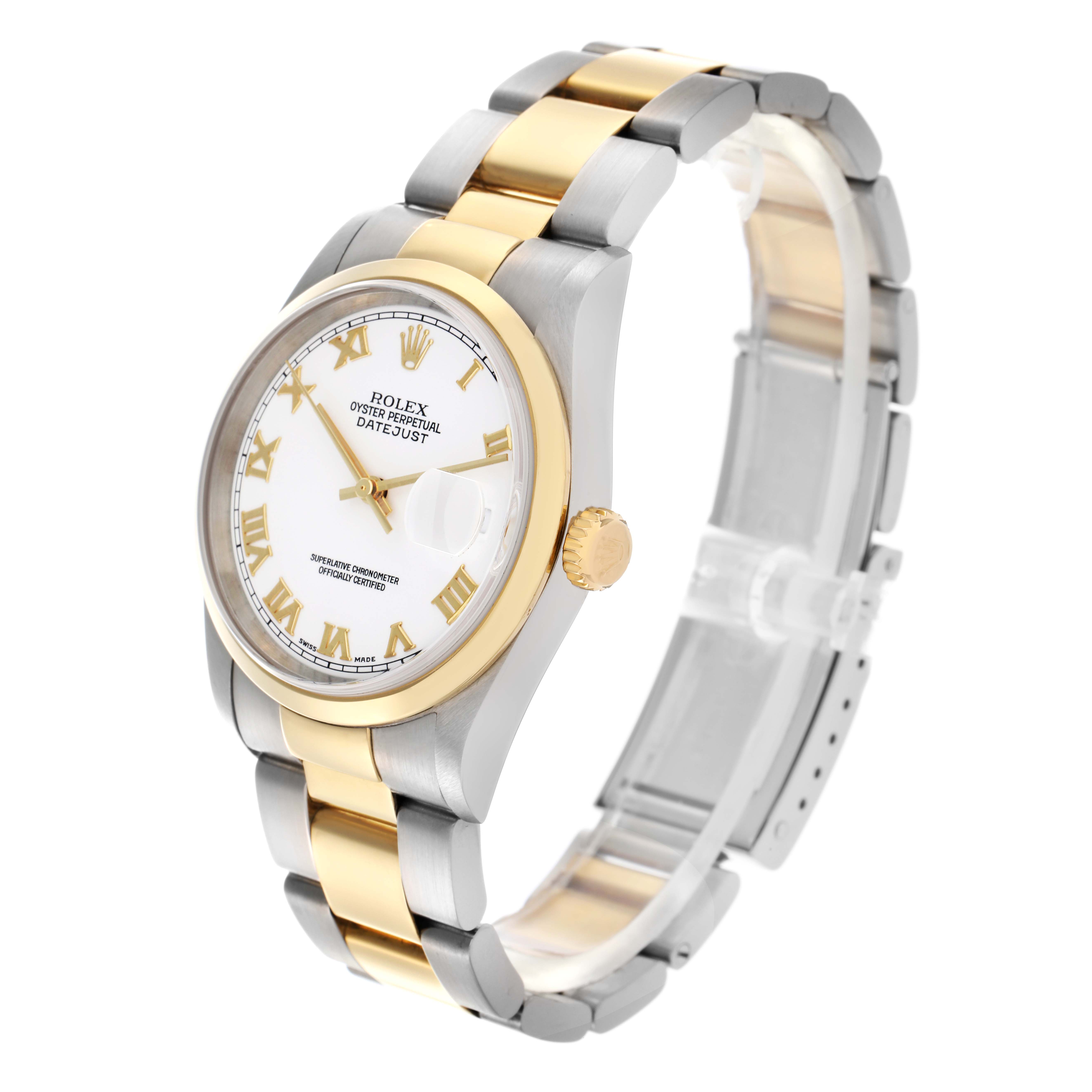 The Rolex Datejust 16203 Men's Steel and Gold (two tone) White Dial 16203 Men's Steel and Gold (two tone) White Dial watch is shown at an angled view, highlighting its gold and silver bracelet, dial, and crown.