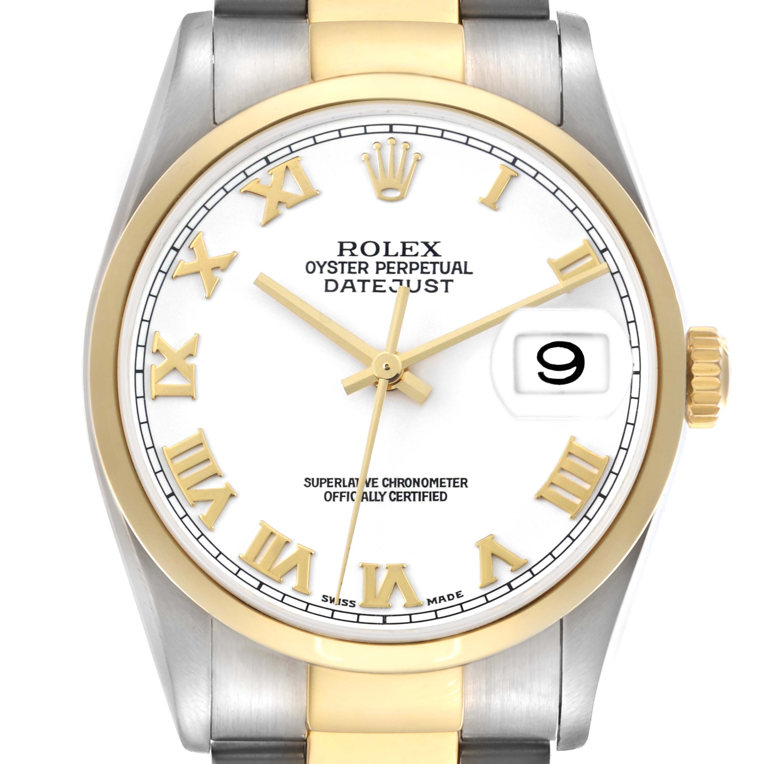 The Rolex Datejust 16203 Men's Steel and Gold (two tone) White Dial 16203 Men's Steel and Gold (two tone) White Dial watch is shown from a front angle, highlighting its face, bezel, crown, and part of the bracelet.