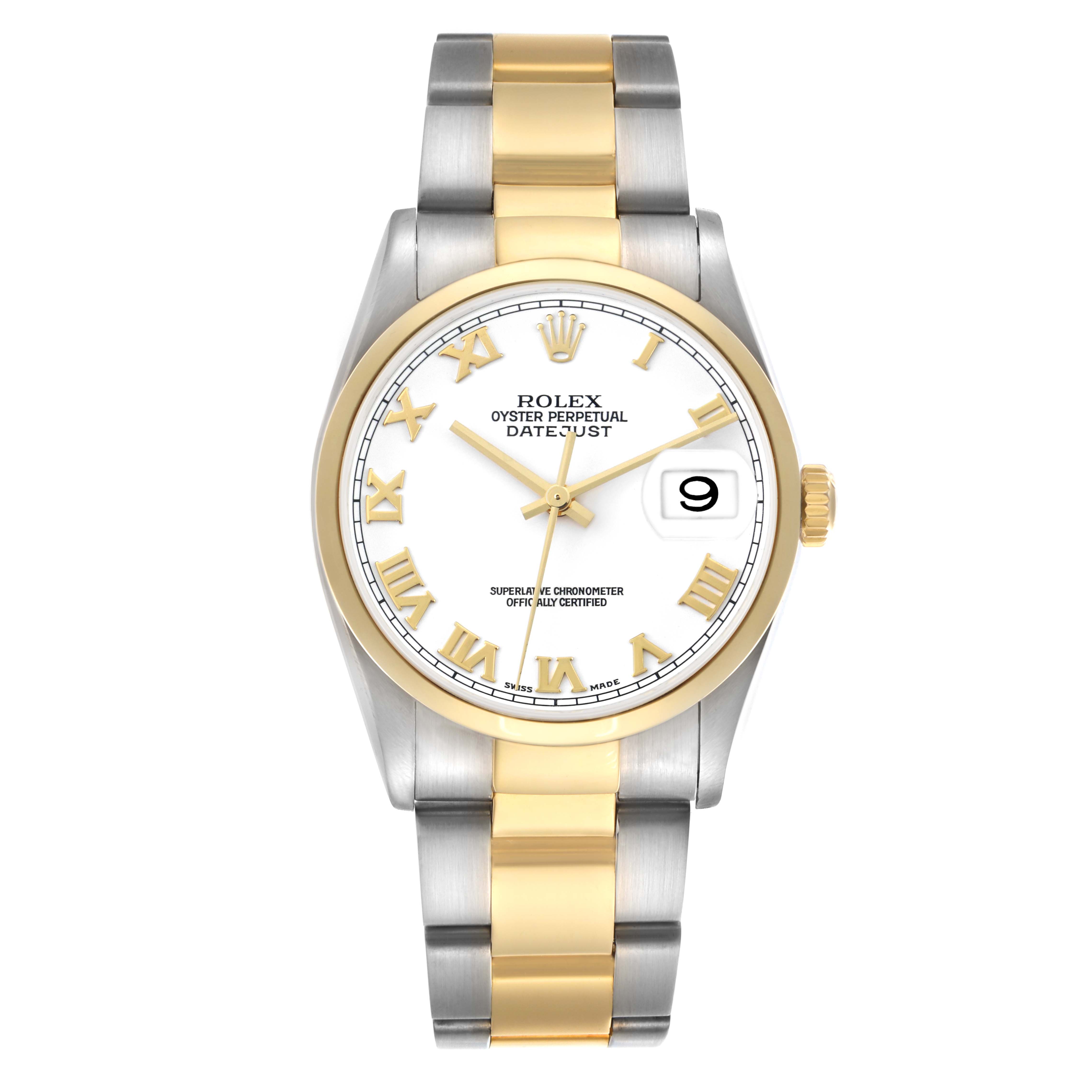 The Rolex Datejust 16203 Men's Steel and Gold (two tone) White Dial 16203 Men's Steel and Gold (two tone) White Dial watch is shown from a front angle, displaying the dial, bezel, crown, and a two-tone bracelet.