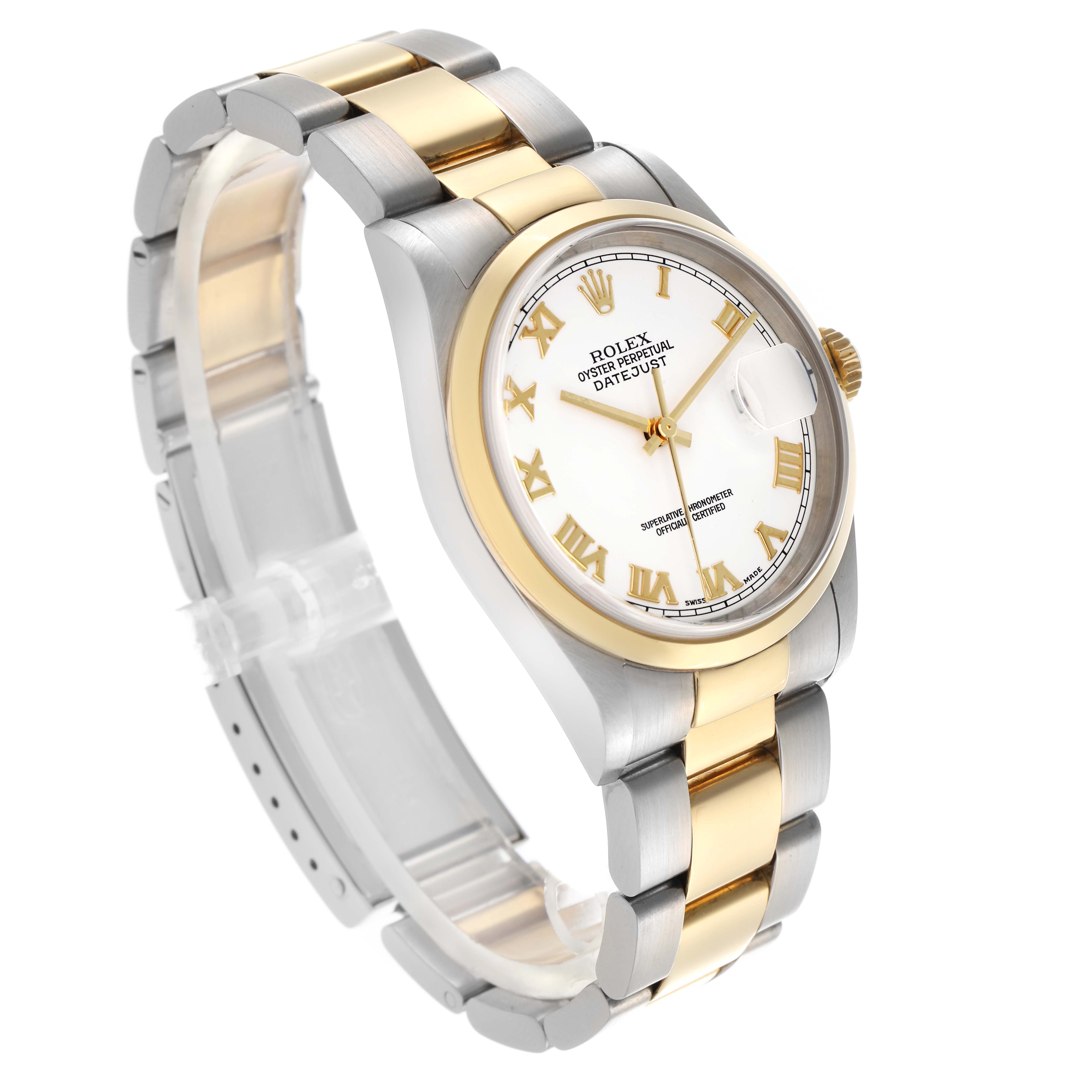 The Rolex Datejust 16203 Men's Steel and Gold (two tone) White Dial 16203 Men's Steel and Gold (two tone) White Dial watch is shown at a slight angle, displaying the face, bezel, and part of the bracelet.