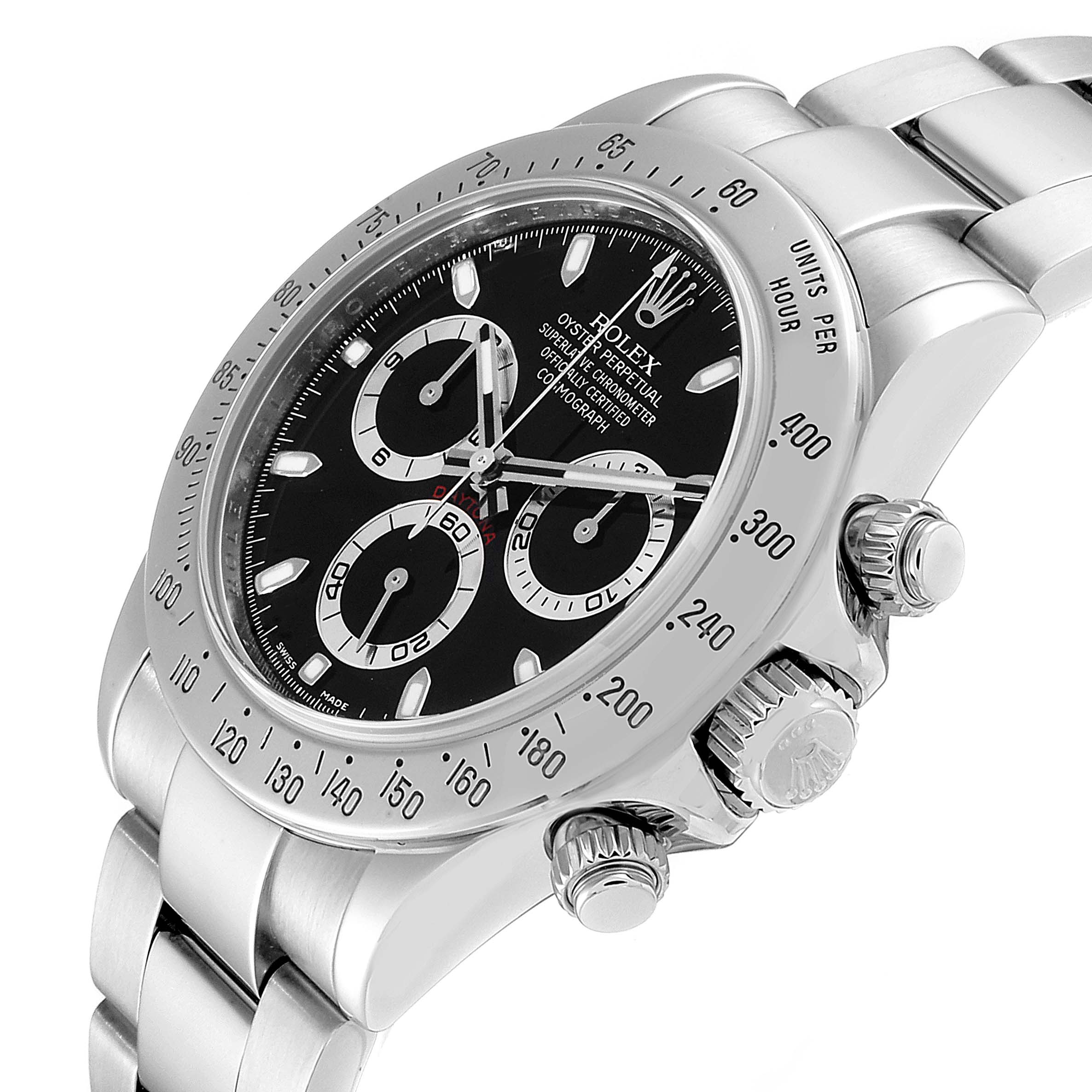 The image shows a close-up angle of the Rolex Daytona 116520 Men's Stainless Steel Black Dial 116520 Men's Stainless Steel Black Dial watch, highlighting the dial, bezel, and push buttons.