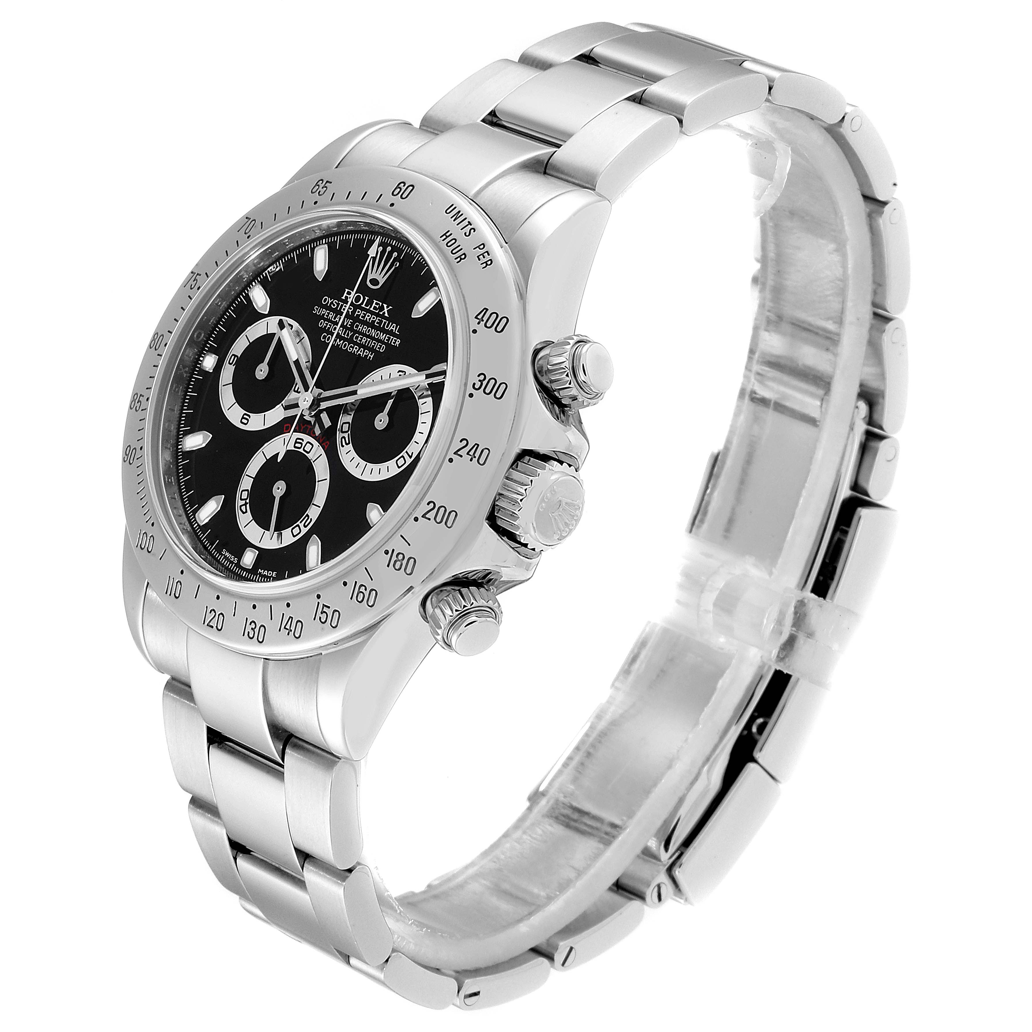 The Rolex Daytona 116520 Men's Stainless Steel Black Dial 116520 Men's Stainless Steel Black Dial watch is shown at a three-quarter angle displaying the face, bezel, crown, and bracelet.