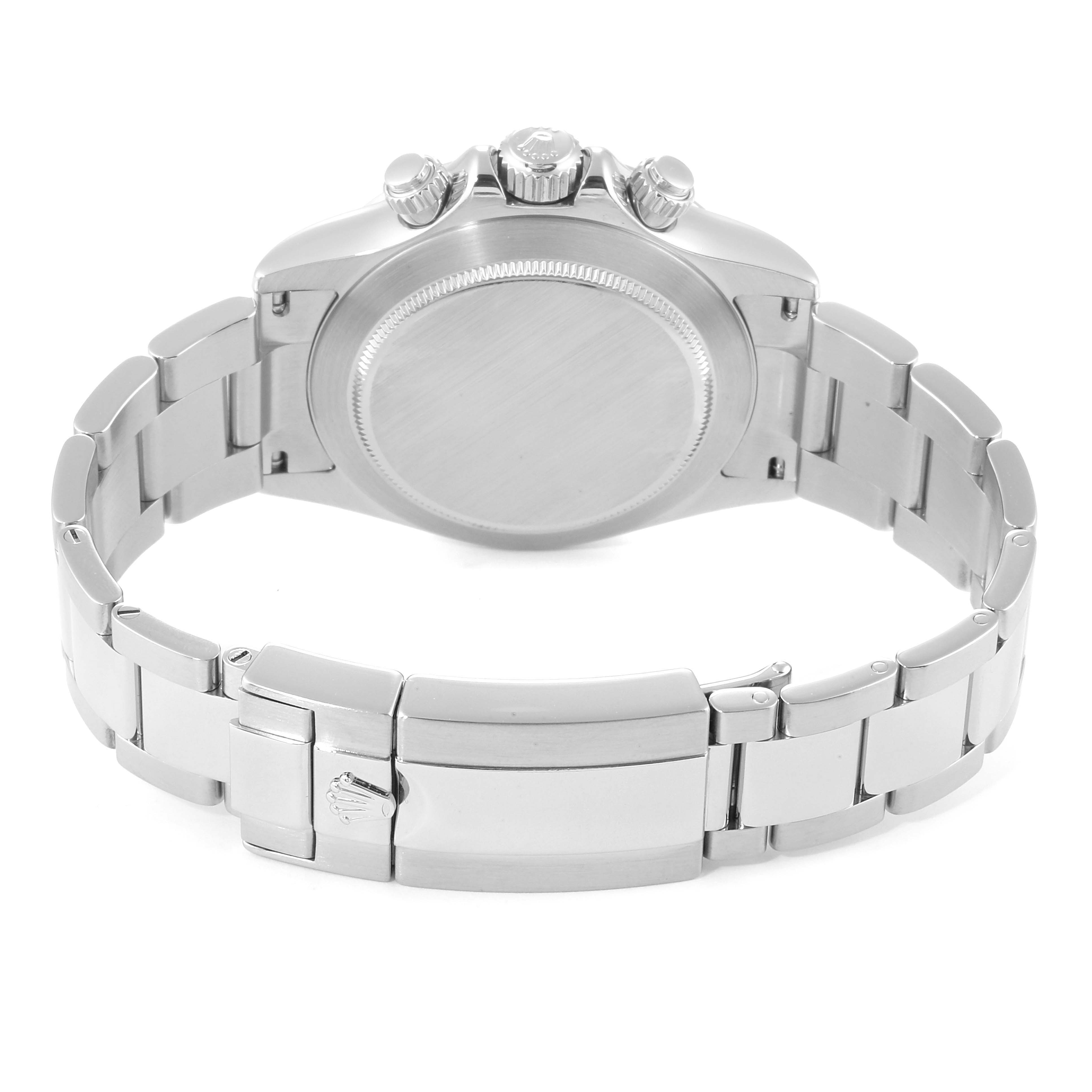 This image shows the back case and bracelet of a Rolex Daytona 116520 Men's Stainless Steel Black Dial 116520 Men's Stainless Steel Black Dial watch.