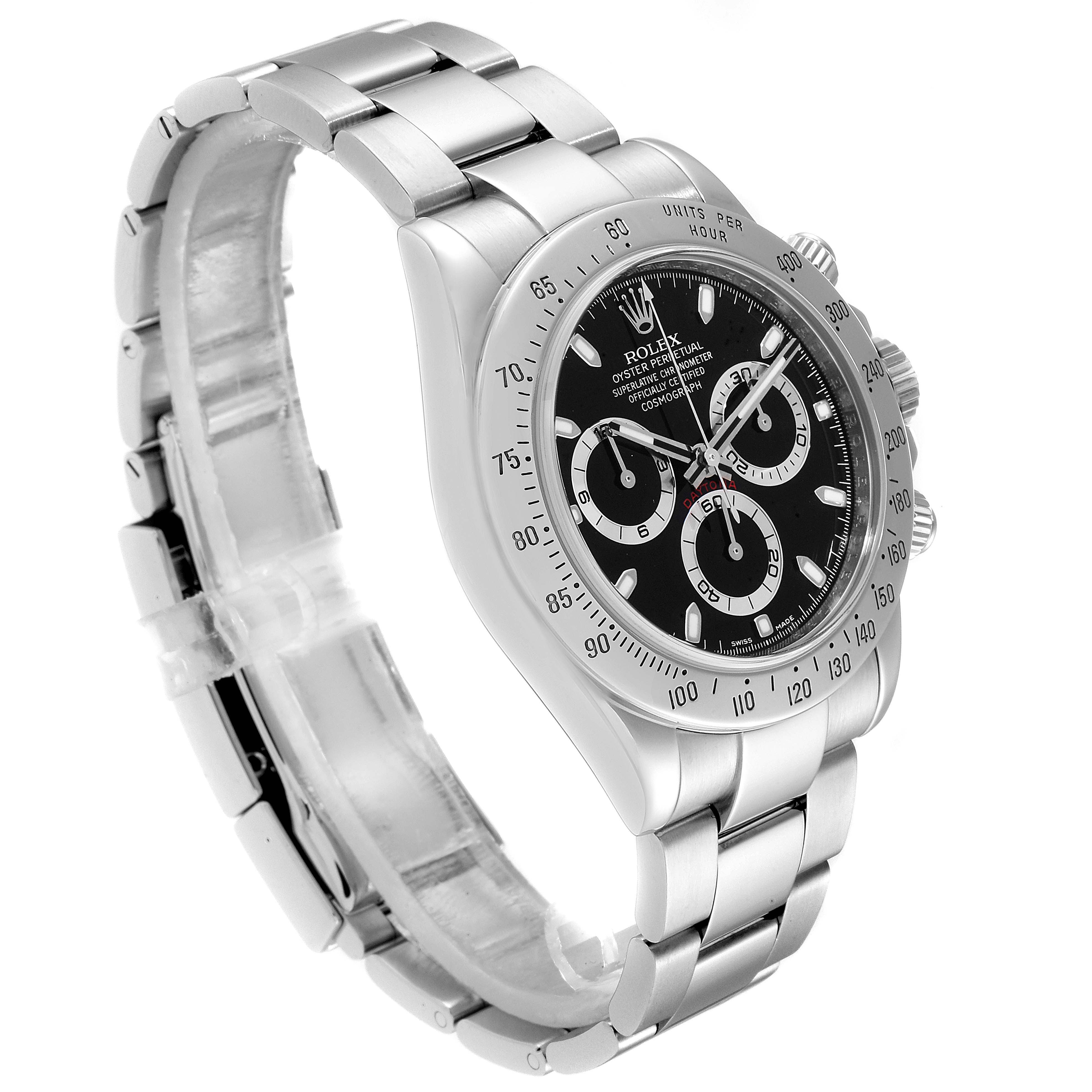 The Rolex Daytona 116520 Men's Stainless Steel Black Dial 116520 Men's Stainless Steel Black Dial watch is shown at an angle displaying its stainless steel bracelet, bezel, and black dial. 
