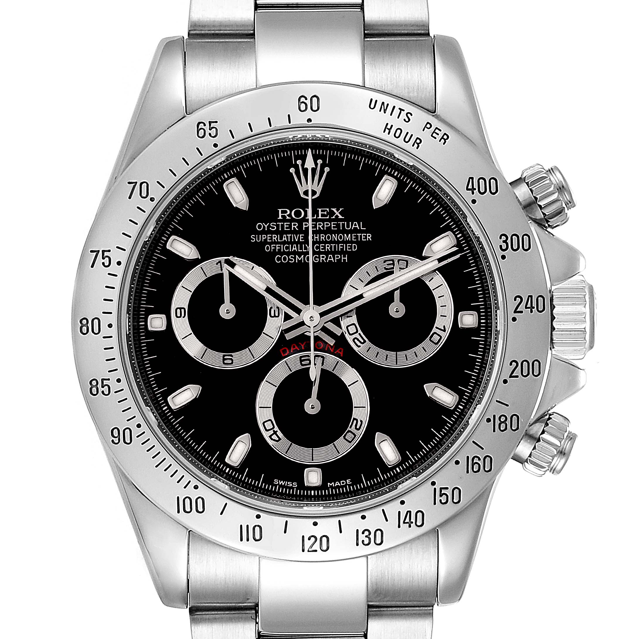 The image shows a front view of a Rolex Daytona 116520 Men's Stainless Steel Black Dial 116520 Men's Stainless Steel Black Dial watch, highlighting its dial, bezel, and chronograph sub-dials.
