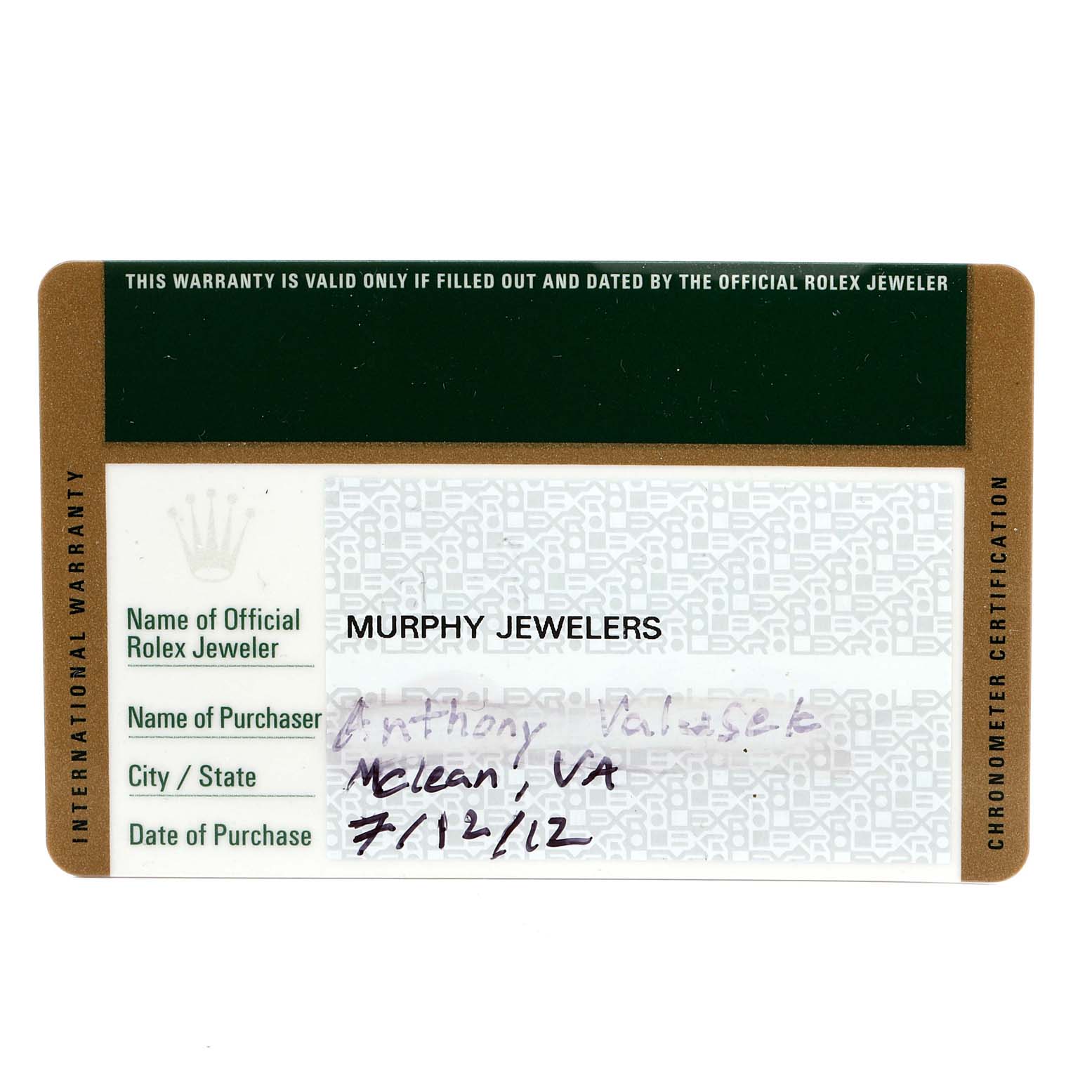 This image shows the warranty card for a Rolex Daytona 116520 Men's Stainless Steel Black Dial 116520 Men's Stainless Steel Black Dial watch.