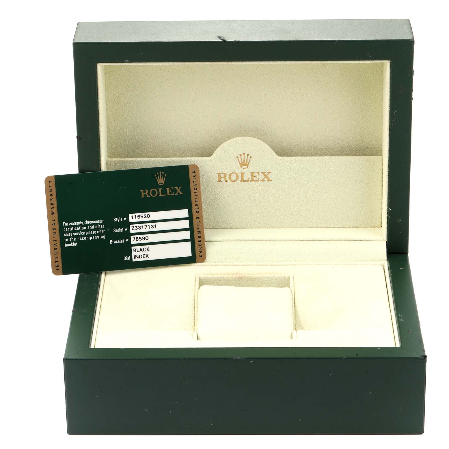 The image shows an empty Rolex watch box and warranty card for the Daytona model.