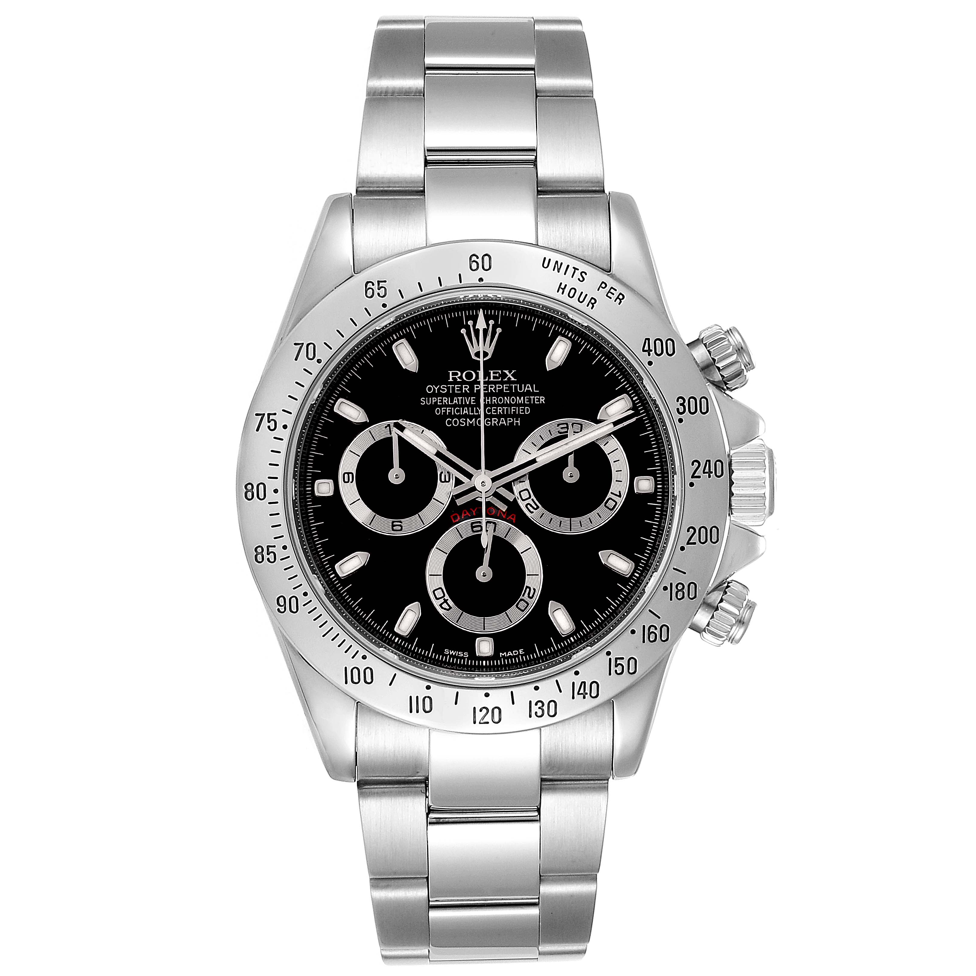 The image shows a front view of a Rolex Daytona 116520 Men's Stainless Steel Black Dial 116520 Men's Stainless Steel Black Dial watch, displaying the face, bezel, and bracelet.