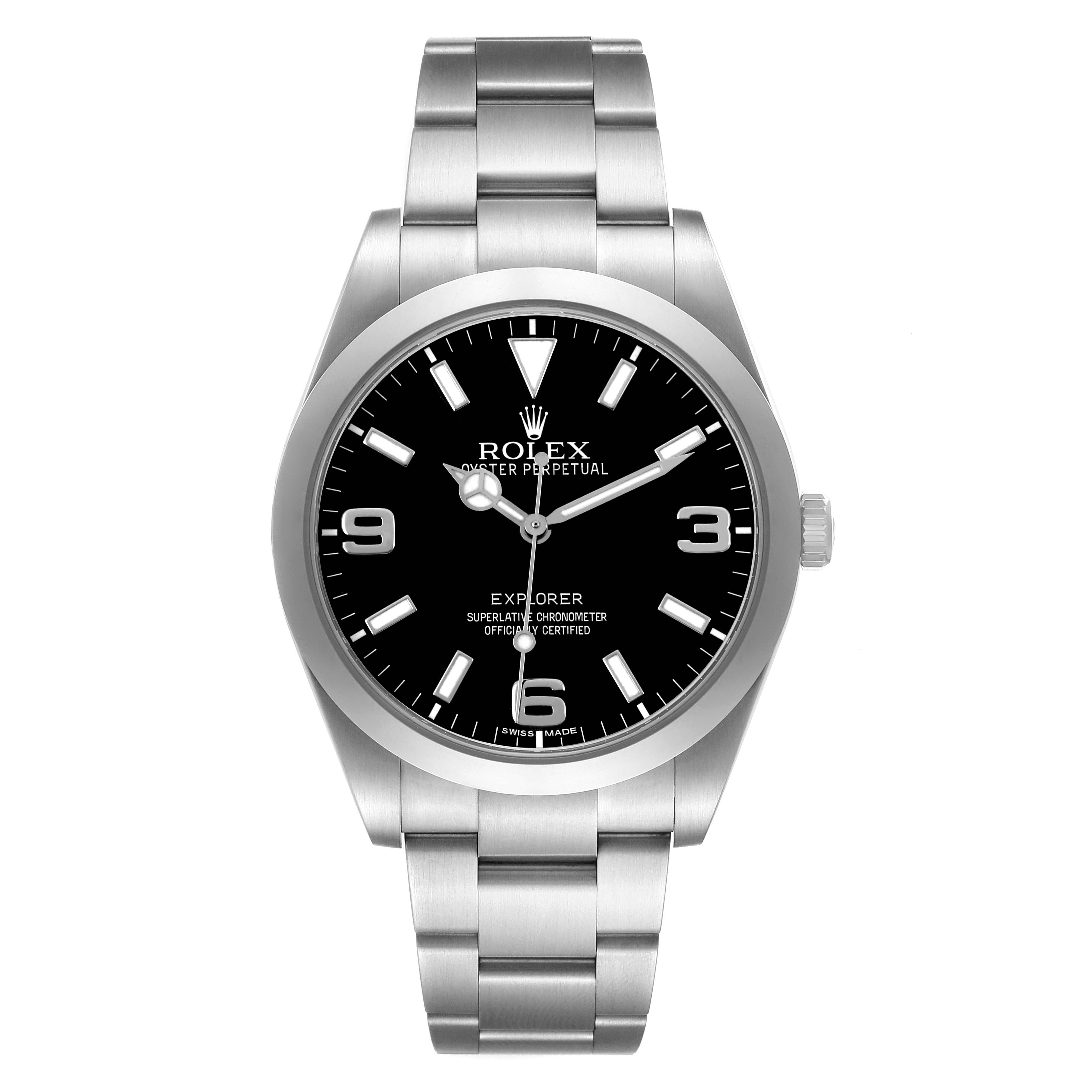 The Rolex Explorer 214270 Men's Stainless Steel Black Dial watch is shown from a front angle, displaying the dial, bezel, case, and bracelet.