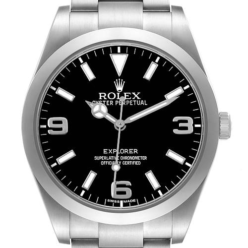 The Rolex Explorer 214270 Men's Stainless Steel Black Dial watch is shown from a front angle, highlighting the face, bezel, and part of the bracelet.