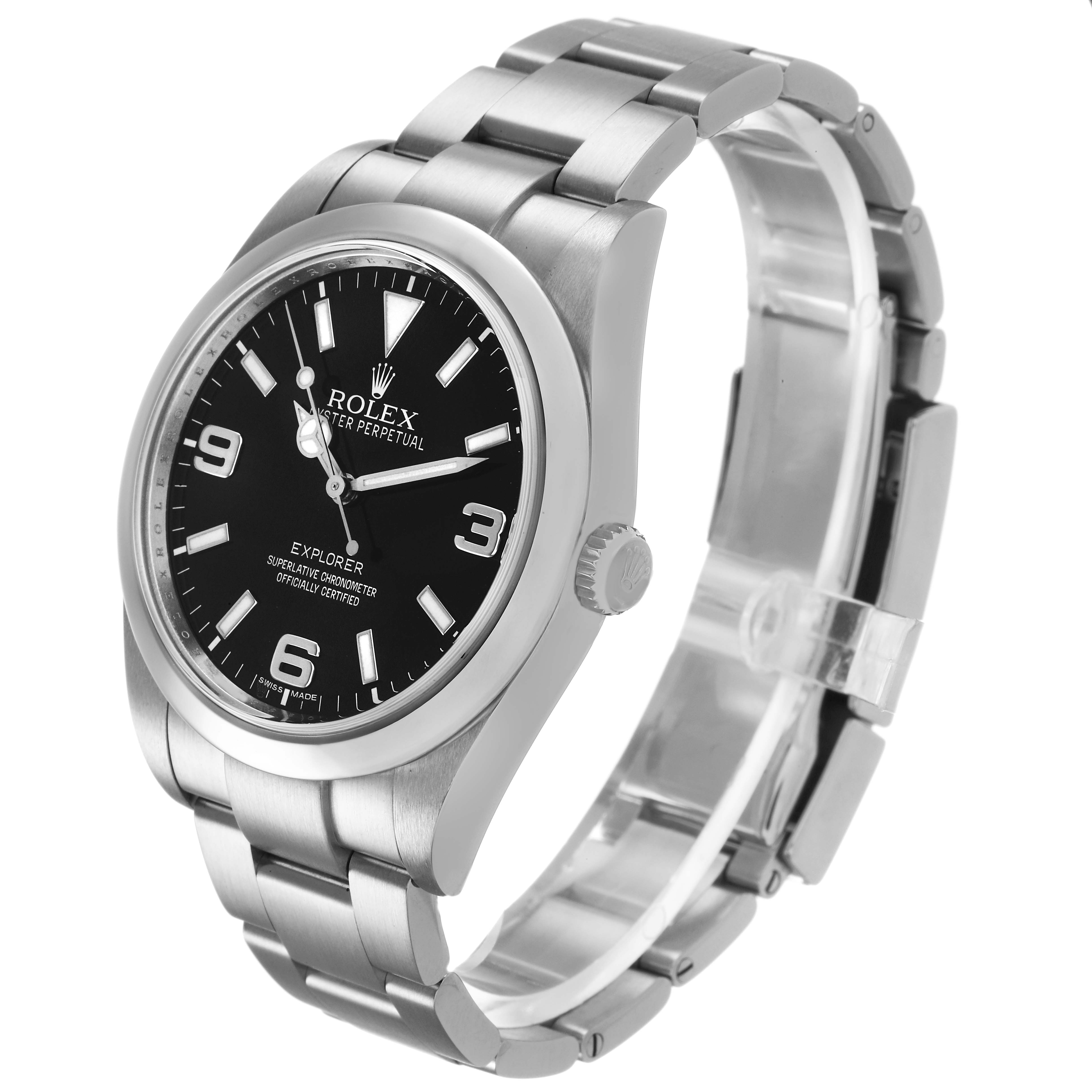 The Rolex Explorer 214270 Men's Stainless Steel Black Dial is shown at a three-quarter angle, highlighting the dial, bezel, and stainless steel bracelet.