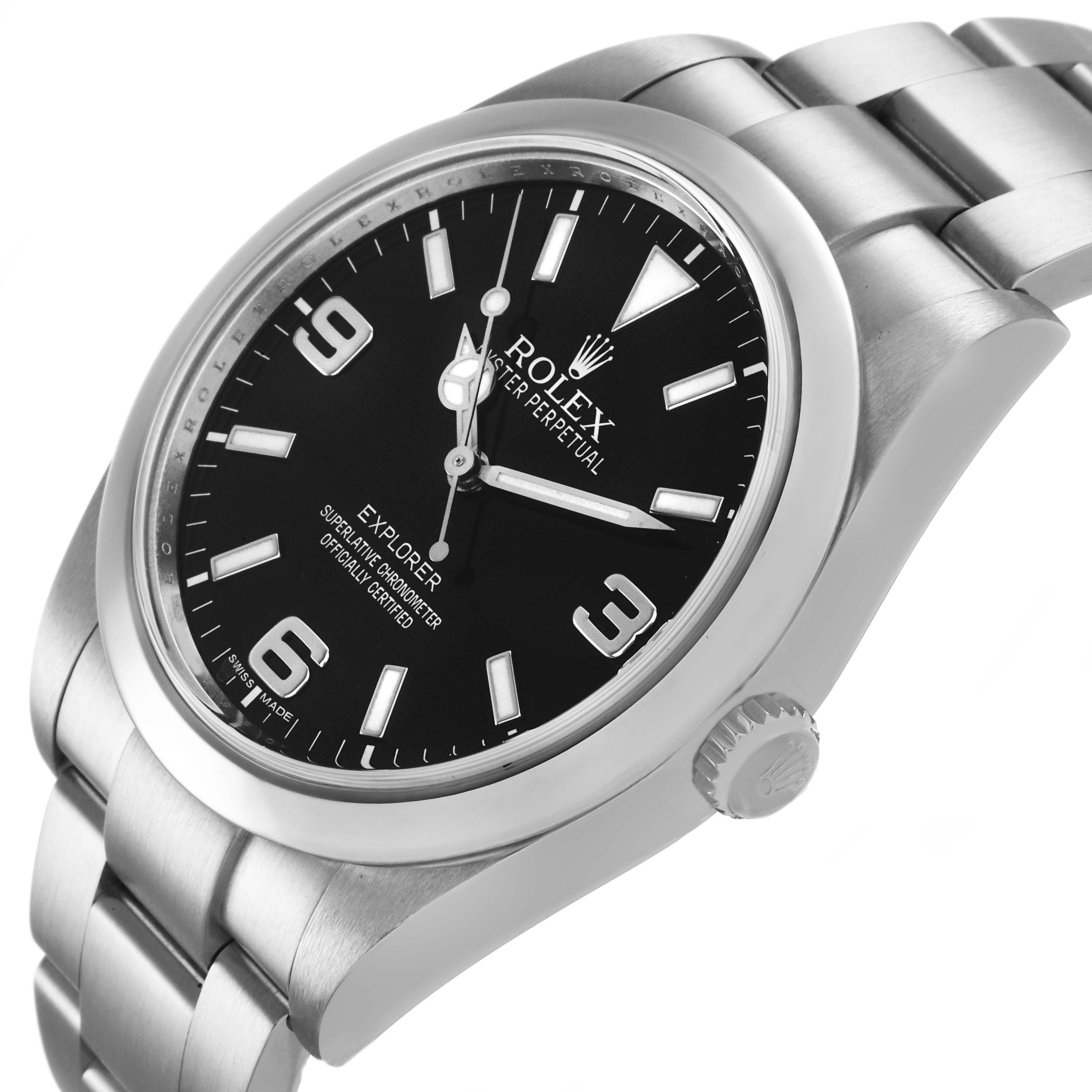 The Rolex Explorer 214270 Men's Stainless Steel Black Dial watch is shown at a three-quarter angle highlighting the face, crown, and part of the bracelet.