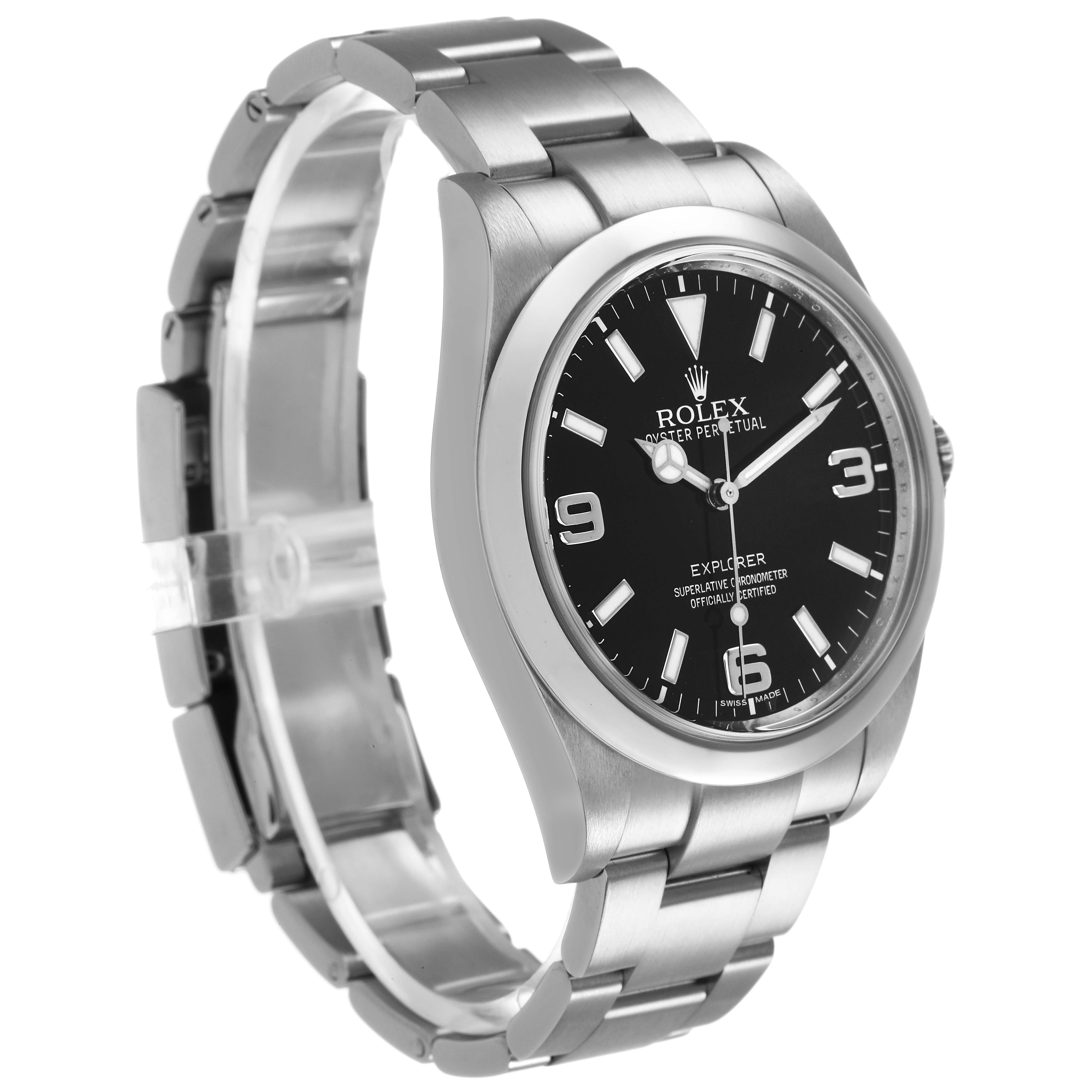 The Rolex Explorer 214270 Men's Stainless Steel Black Dial watch is shown at a three-quarter angle, displaying the face, bezel, case, and part of the bracelet.