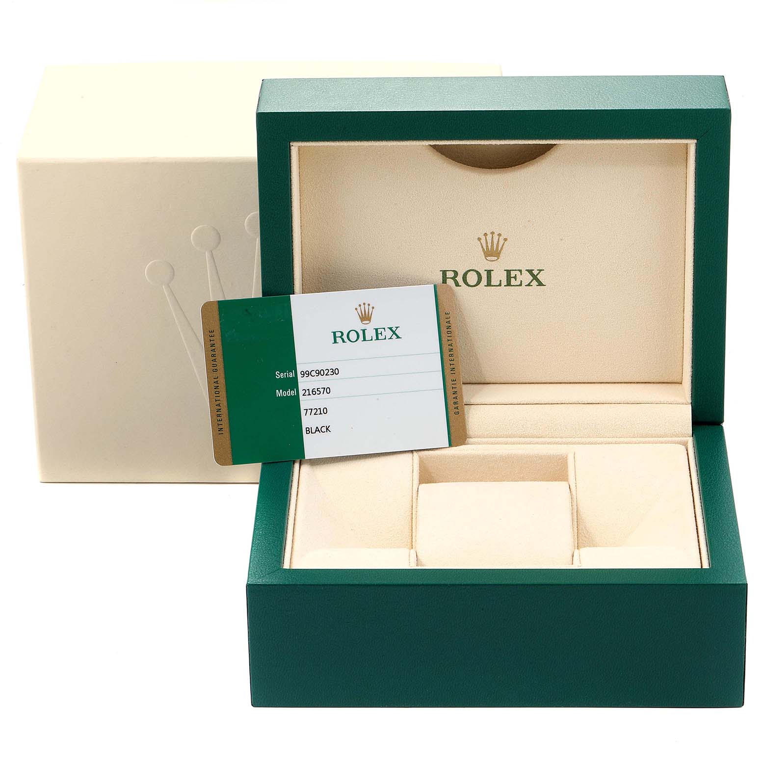 The image shows the packaging and warranty card of a Rolex Explorer 216570 Men
s Stainless Steel White Dial 216570 Men
s Stainless Steel White Dial watch, model 216570, with the open box angled slightly to the right.