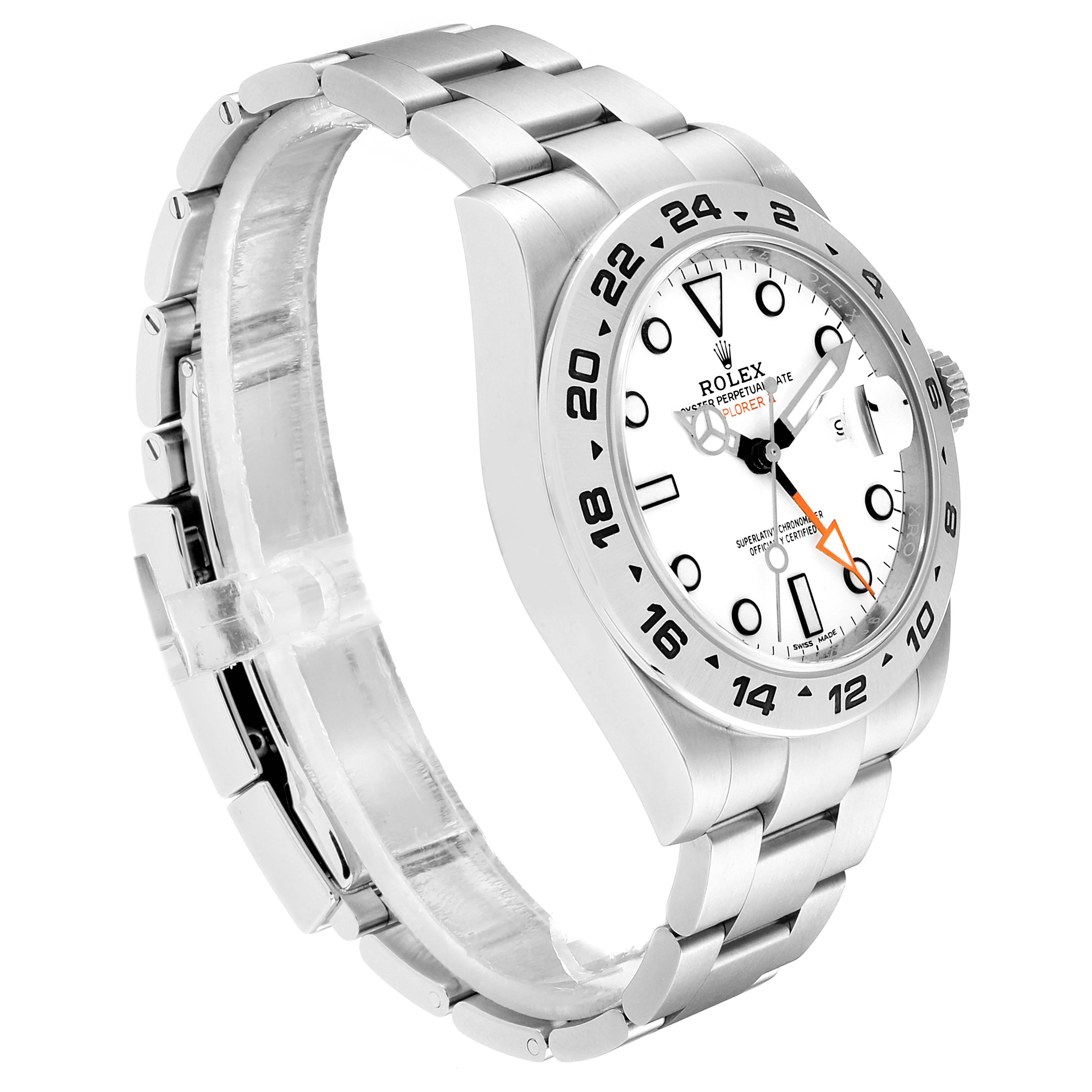 The image shows a side angle of a Rolex Explorer 216570 Men
s Stainless Steel White Dial 216570 Men
s Stainless Steel White Dial watch, highlighting its white dial, bezel, and stainless steel bracelet.