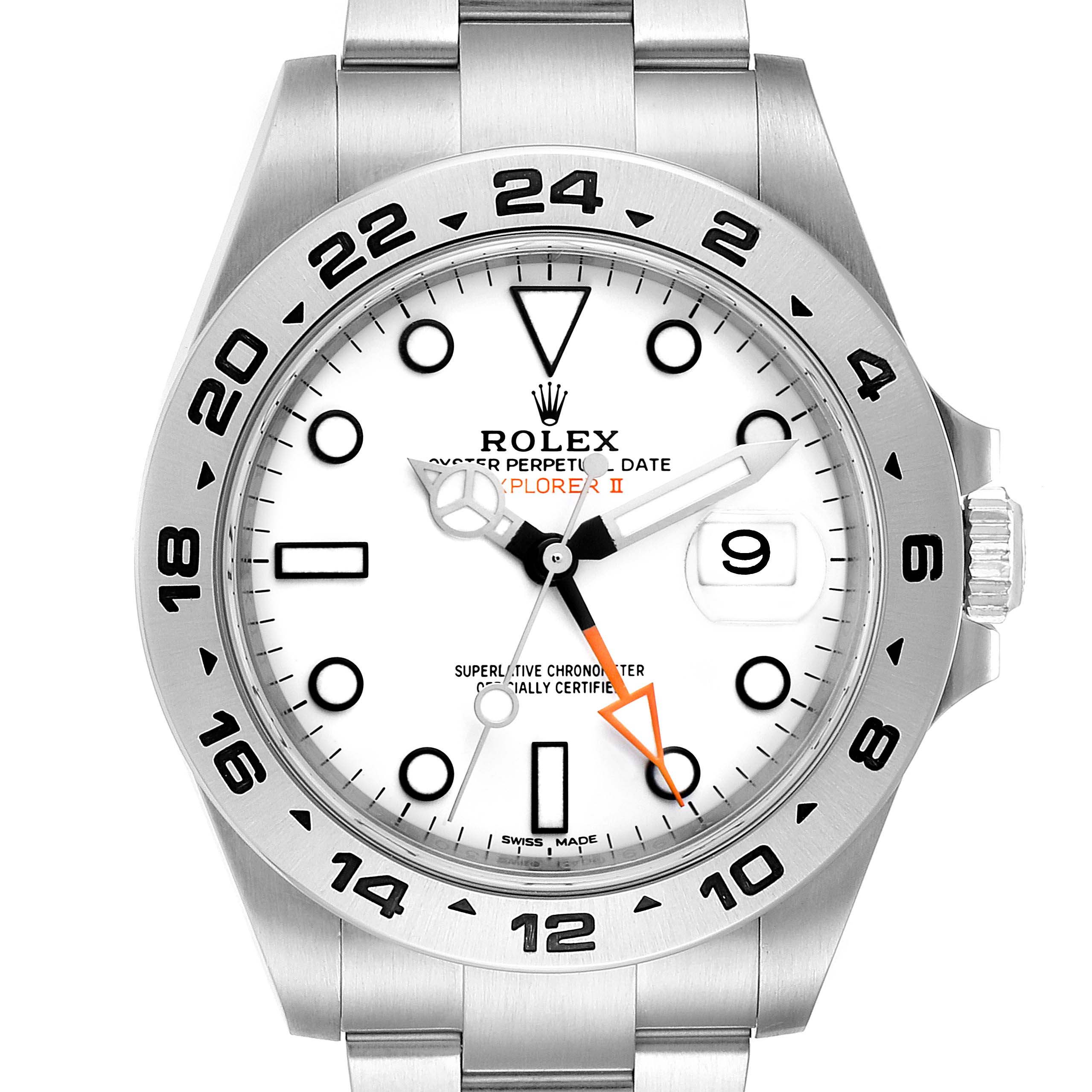 The image shows a front view of the Rolex Explorer 216570 Men
s Stainless Steel White Dial 216570 Men
s Stainless Steel White Dial watch, highlighting the dial, bezel, hands, and crown.