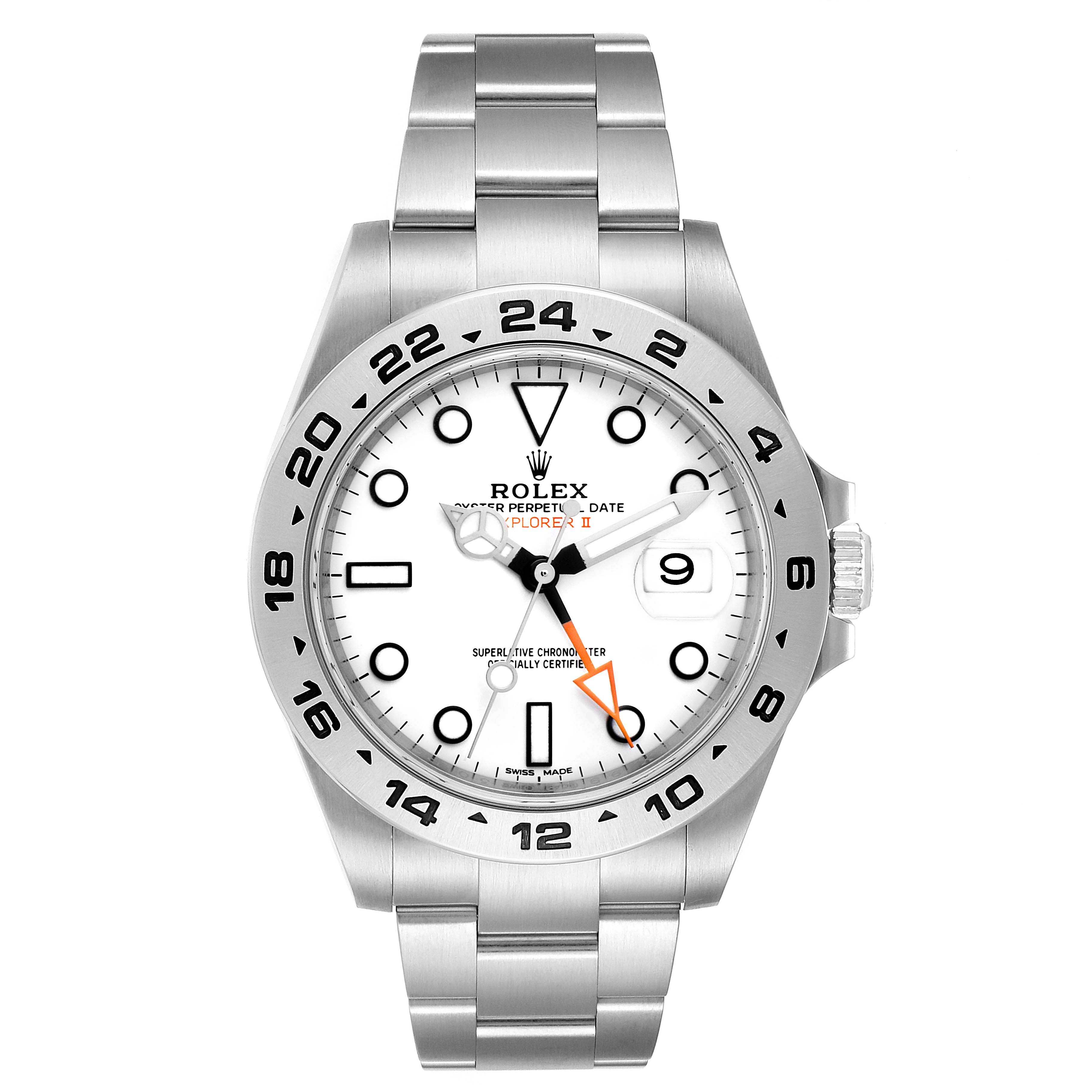 The image shows a front view of a Rolex Explorer 216570 Men
s Stainless Steel White Dial 216570 Men
s Stainless Steel White Dial watch, highlighting the dial, bezel, and bracelet.