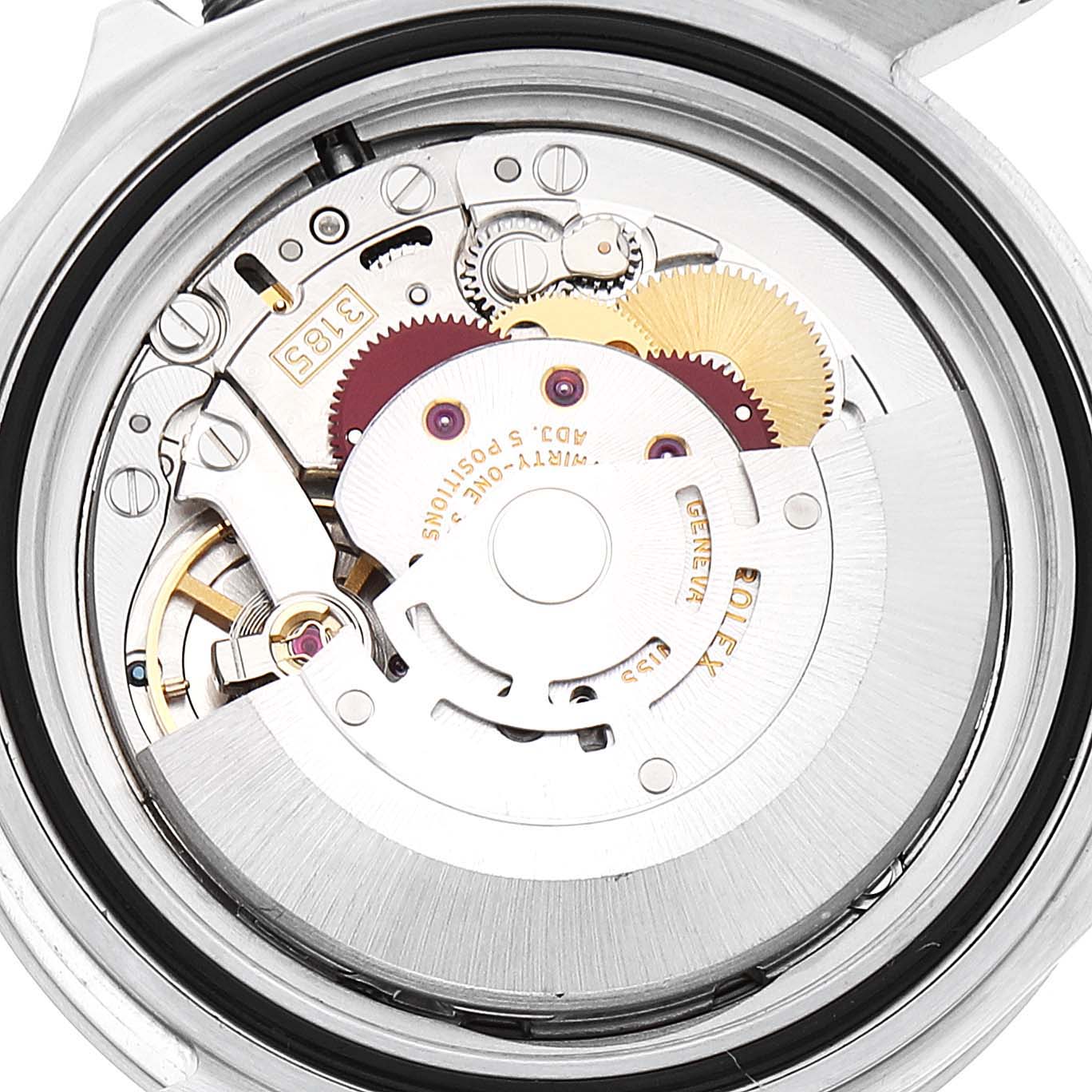 This image shows the intricate internal mechanism of a Rolex Explorer 16570 Men
s Stainless Steel Black Dial 16570 Men
s Stainless Steel Black Dial watch, captured from the back with the case back removed.