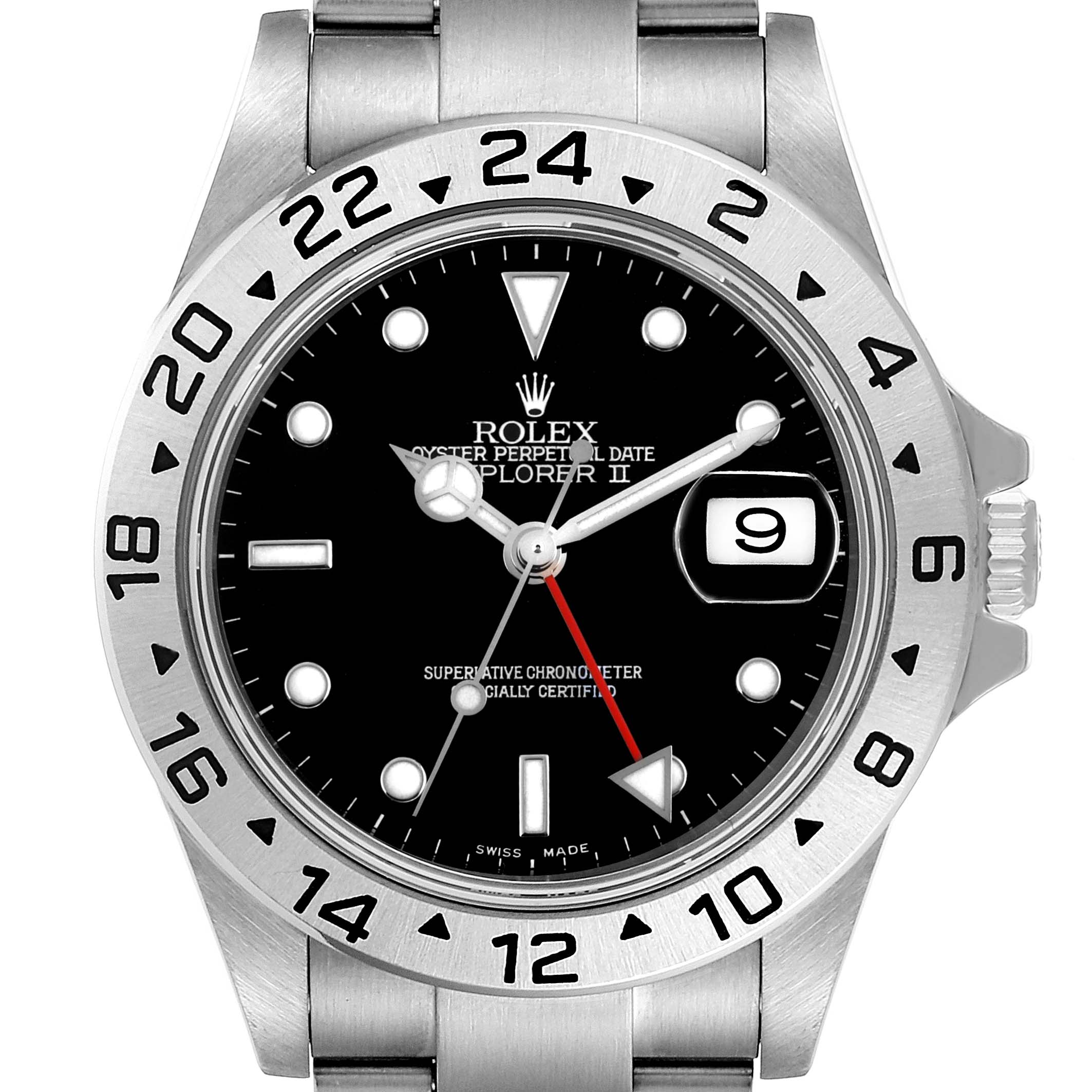 The Rolex Explorer 16570 Men
s Stainless Steel Black Dial 16570 Men
s Stainless Steel Black Dial watch is shown from a straight-on angle, displaying the dial, bezel, crown, and bracelet.