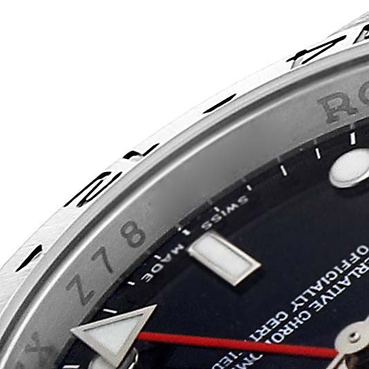 The image shows a close-up of the dial and bezel of the Rolex Explorer 16570 Men
s Stainless Steel Black Dial 16570 Men
s Stainless Steel Black Dial watch.