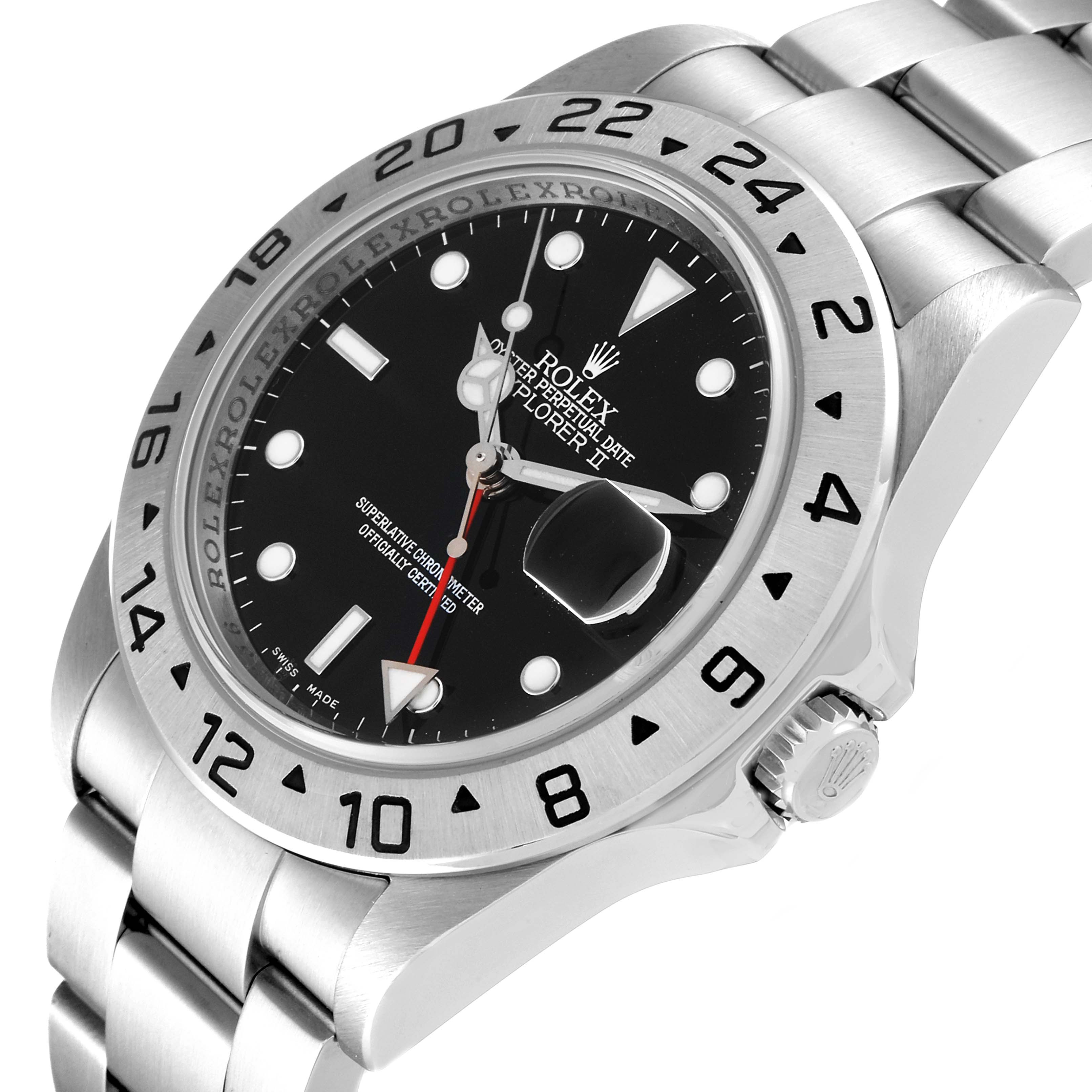 This Rolex Explorer 16570 Men
s Stainless Steel Black Dial 16570 Men
s Stainless Steel Black Dial watch is shown at a tilted angle, highlighting the bezel, dial, hands, date magnifier, and stainless steel bracelet.