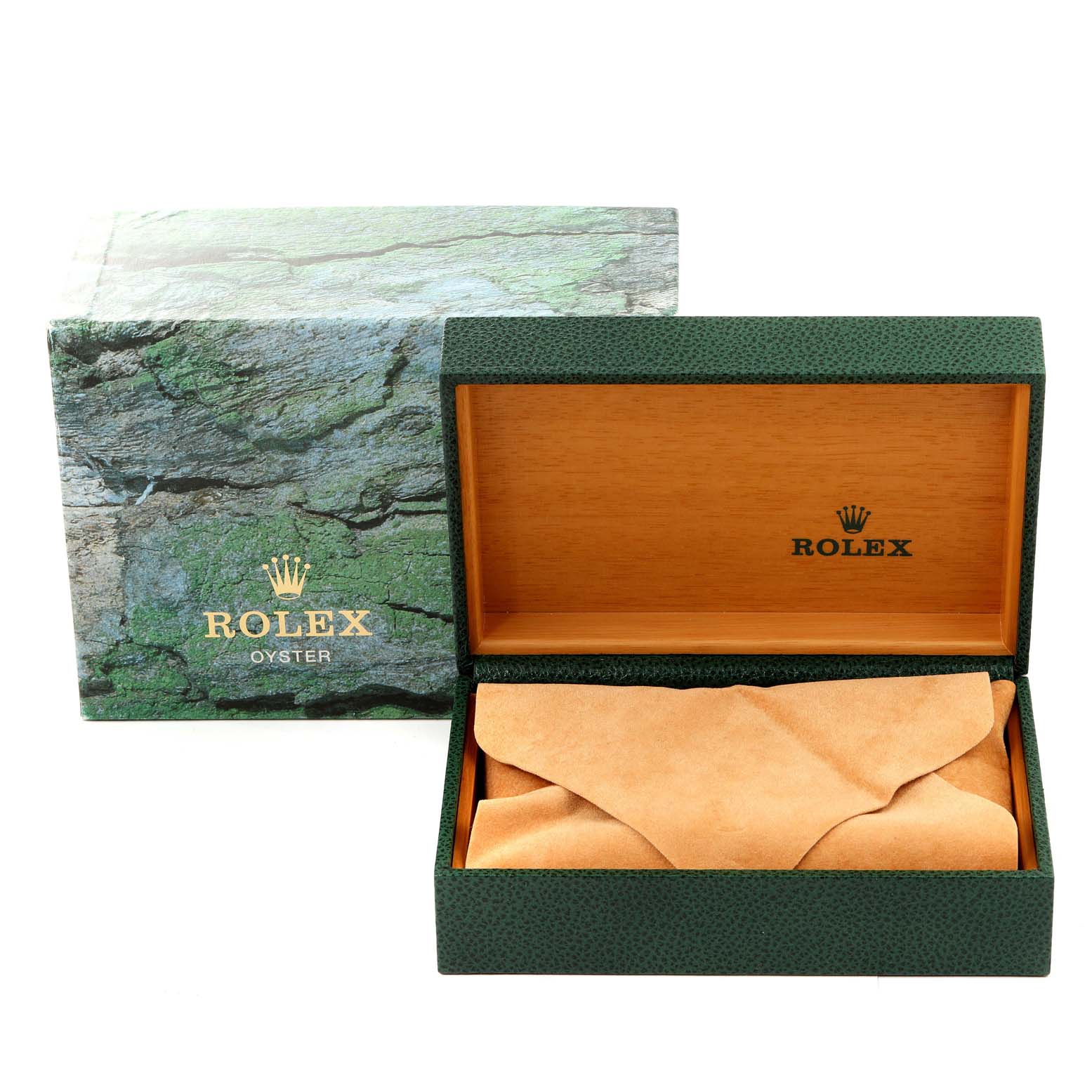 The image shows the open box of a Rolex Explorer 16570 Men
s Stainless Steel Black Dial 16570 Men
s Stainless Steel Black Dial watch with the inner cushion and outer packaging visible.