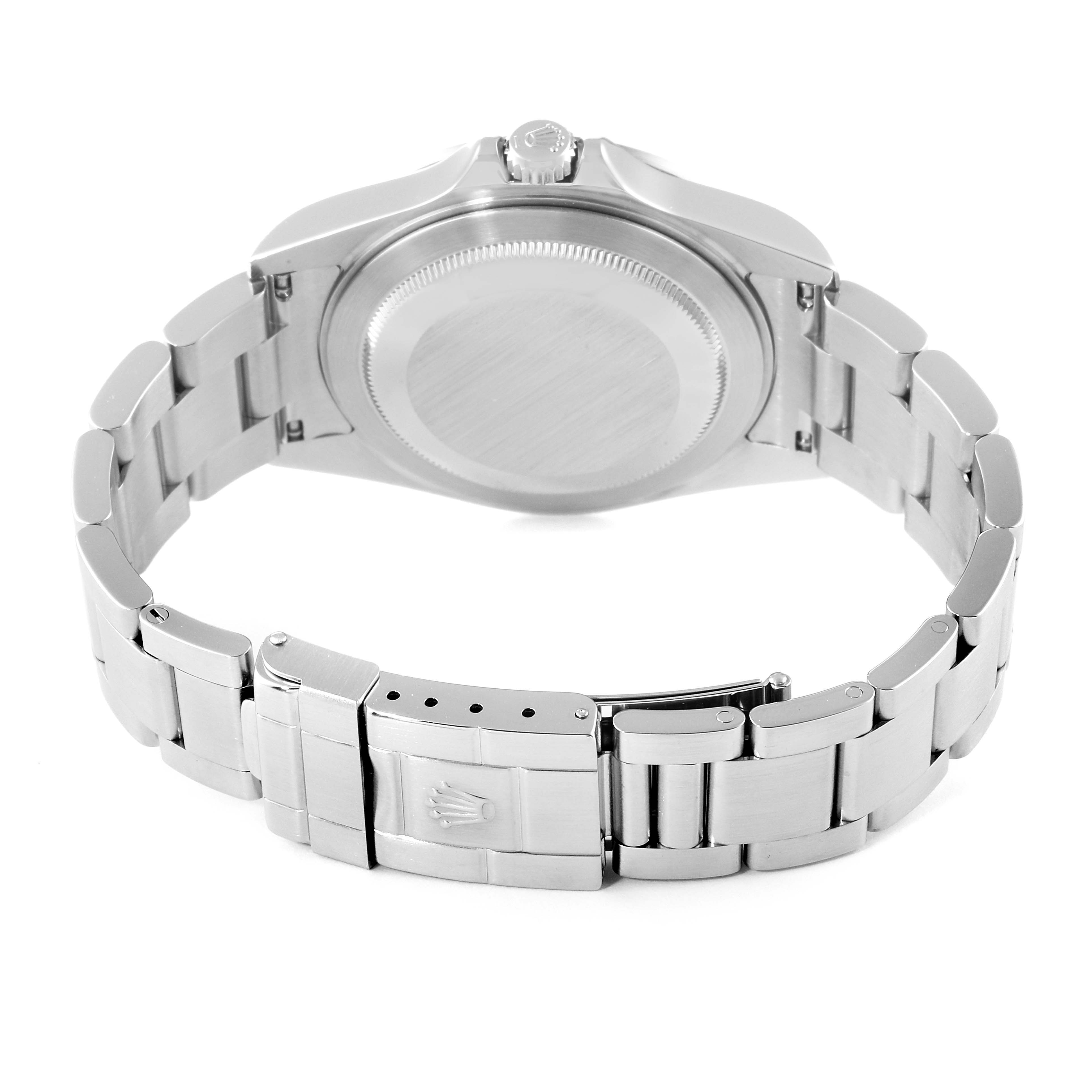 The image shows the back view of the Rolex Explorer 16570 Men
s Stainless Steel Black Dial 16570 Men
s Stainless Steel Black Dial watch, highlighting the case back and bracelet.