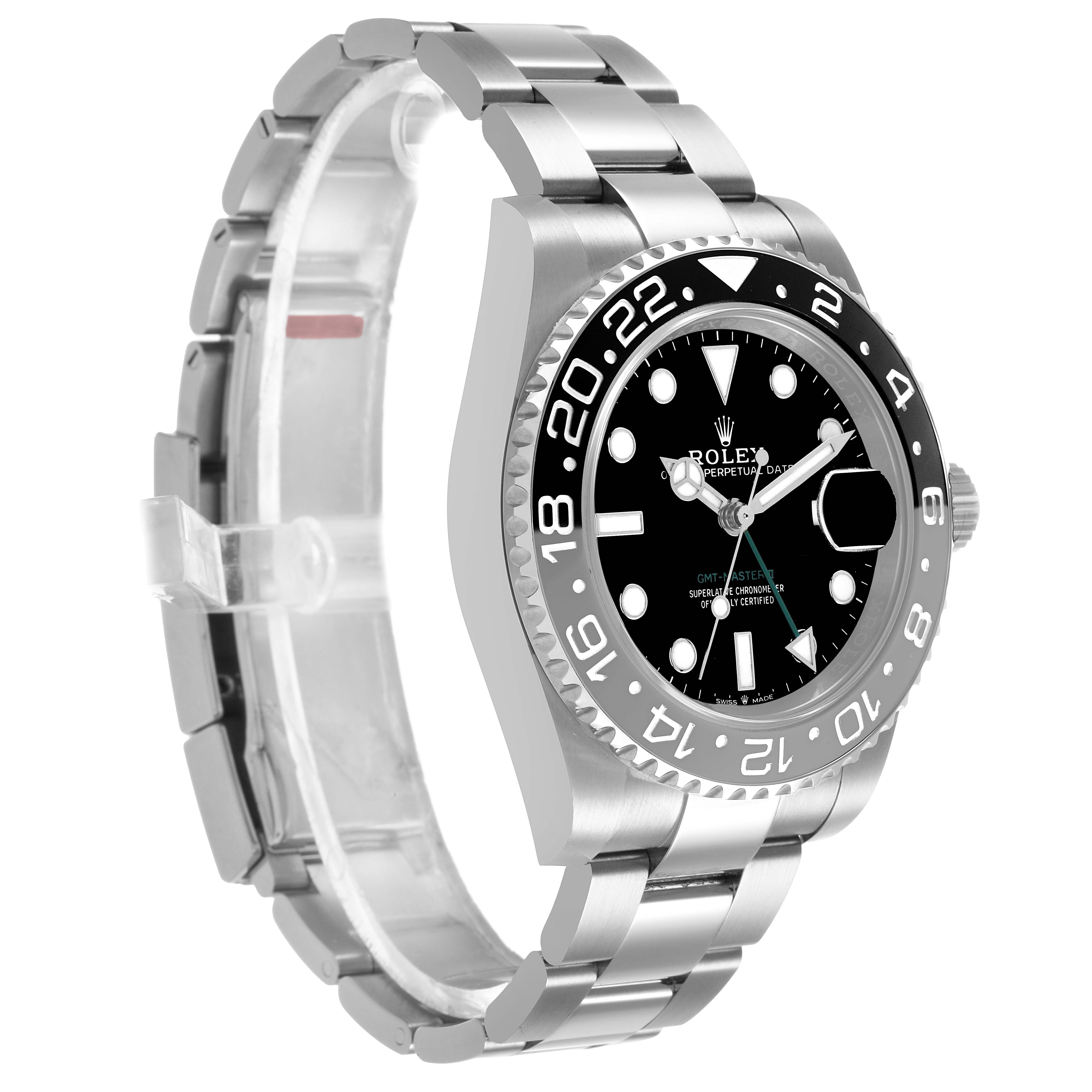 The Rolex GMT-Master 126710 Men's Stainless Steel Black Dial watch is shown at a slight side angle, displaying its bezel, dial, and bracelet.