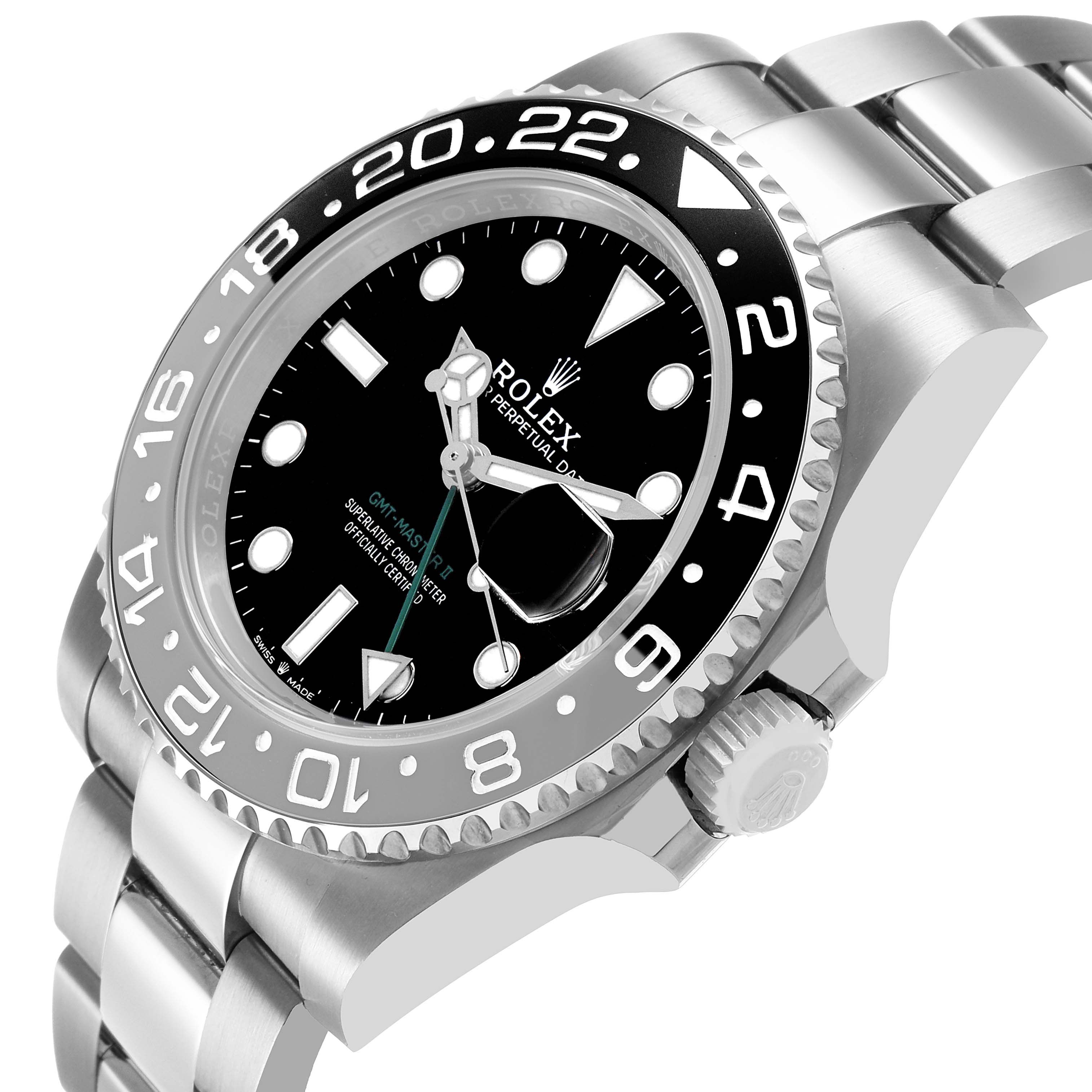 The image shows a Rolex GMT-Master 126710 Men's Stainless Steel Black Dial watch at a three-quarter angle, highlighting the bezel, dial, and bracelet.