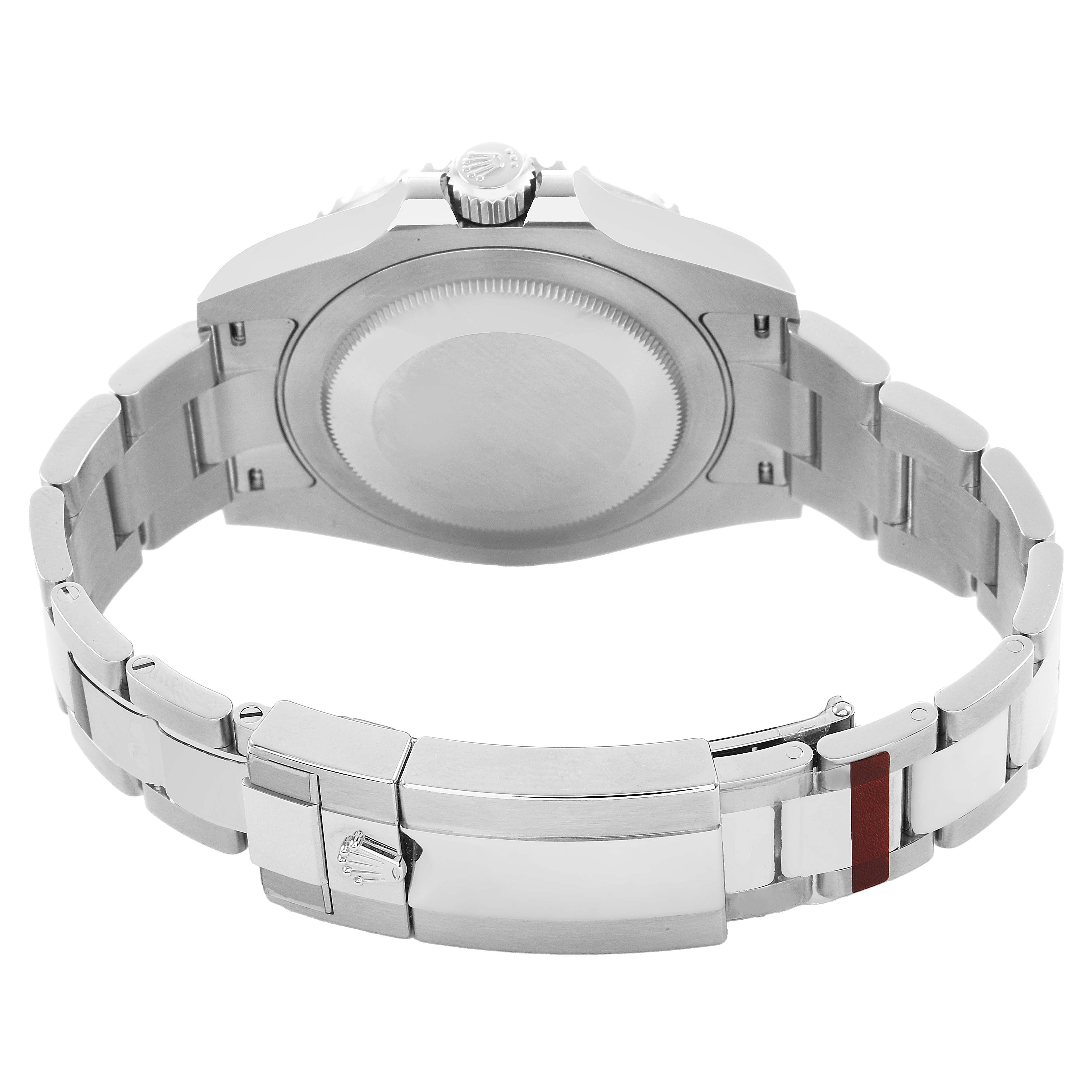 The image shows the back of a Rolex GMT-Master 126710 Men's Stainless Steel Black Dial, highlighting the case back, bracelet, and clasp.