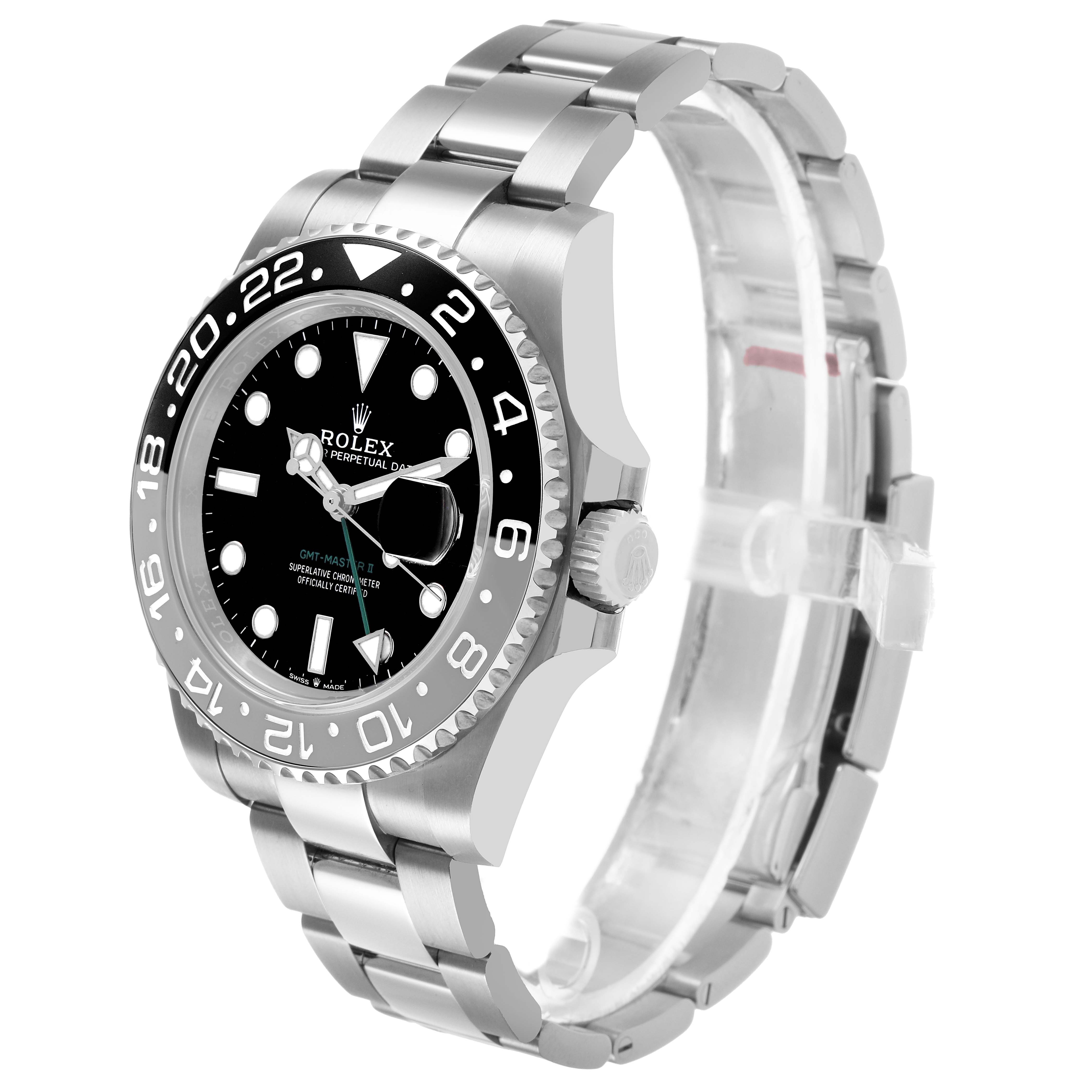 The Rolex GMT-Master 126710 Men's Stainless Steel Black Dial watch is shown from a three-quarter angle, displaying the bezel, dial, bracelet, and crown.