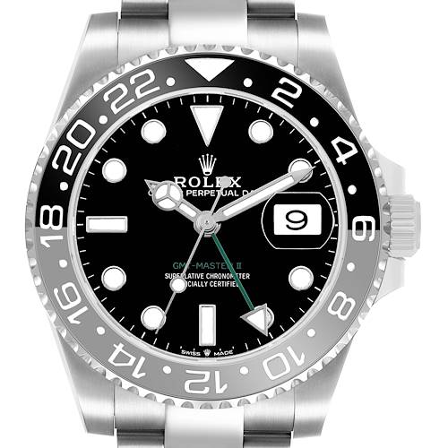 The Rolex GMT-Master 126710 Men's Stainless Steel Black Dial II watch is shown from the front, highlighting the dial, bezel, and part of the bracelet.