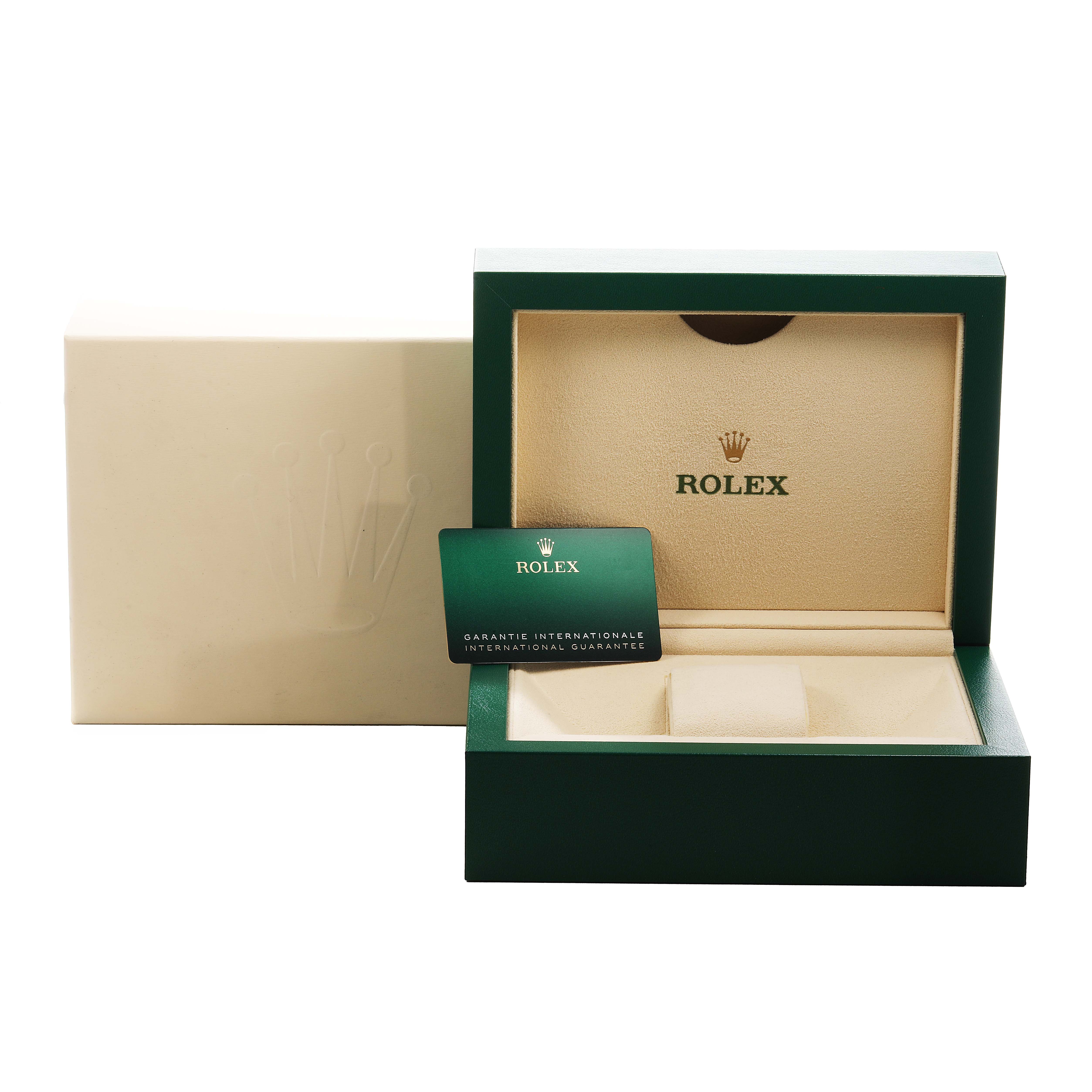 The image shows packaging for a Rolex GMT-Master 126710 Men's Stainless Steel Black Dial, including an open green box, a guarantee card, and an outer box.