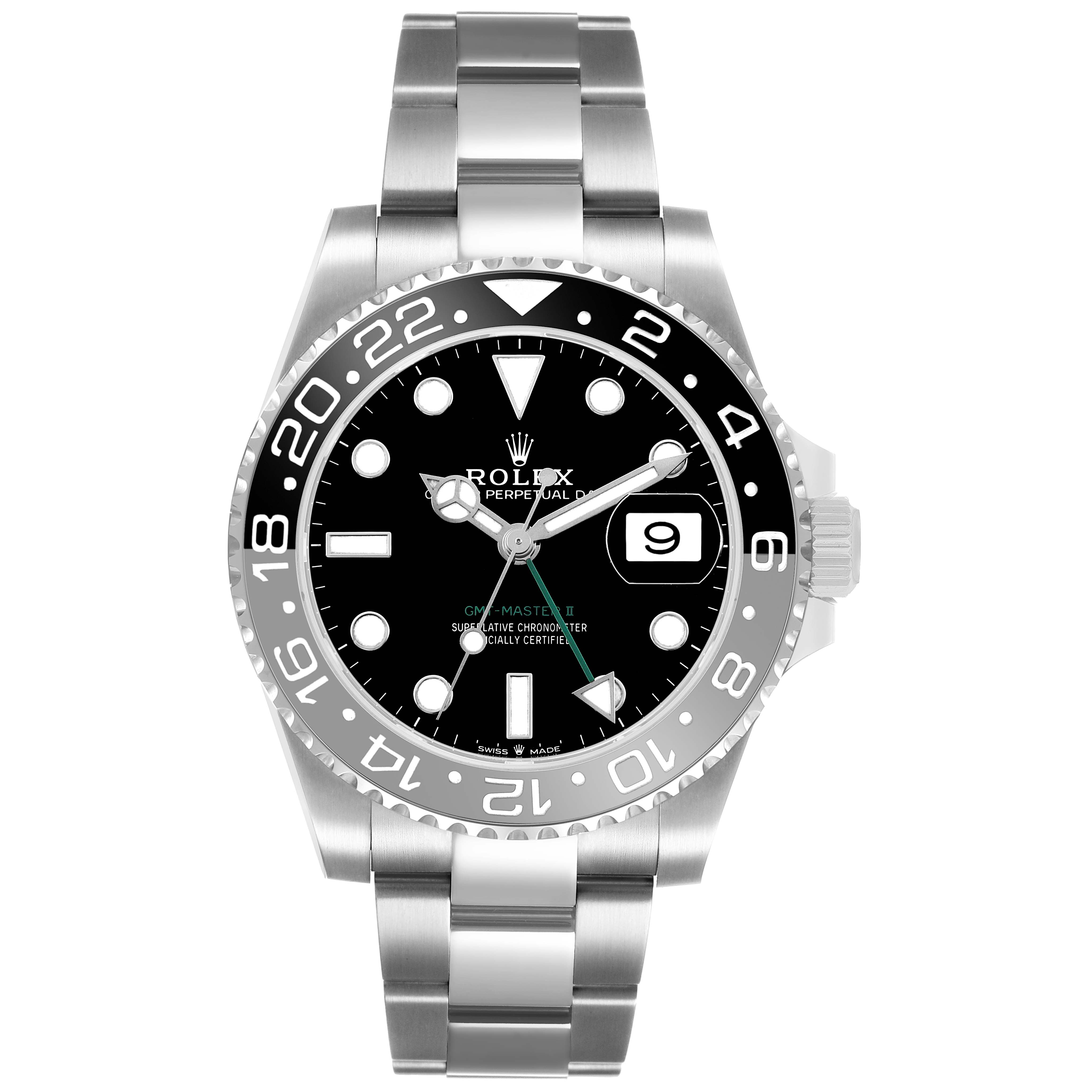 The Rolex GMT-Master 126710 Men's Stainless Steel Black Dial watch is shown from a front angle, highlighting the dial, bezel, bracelet, and crown.